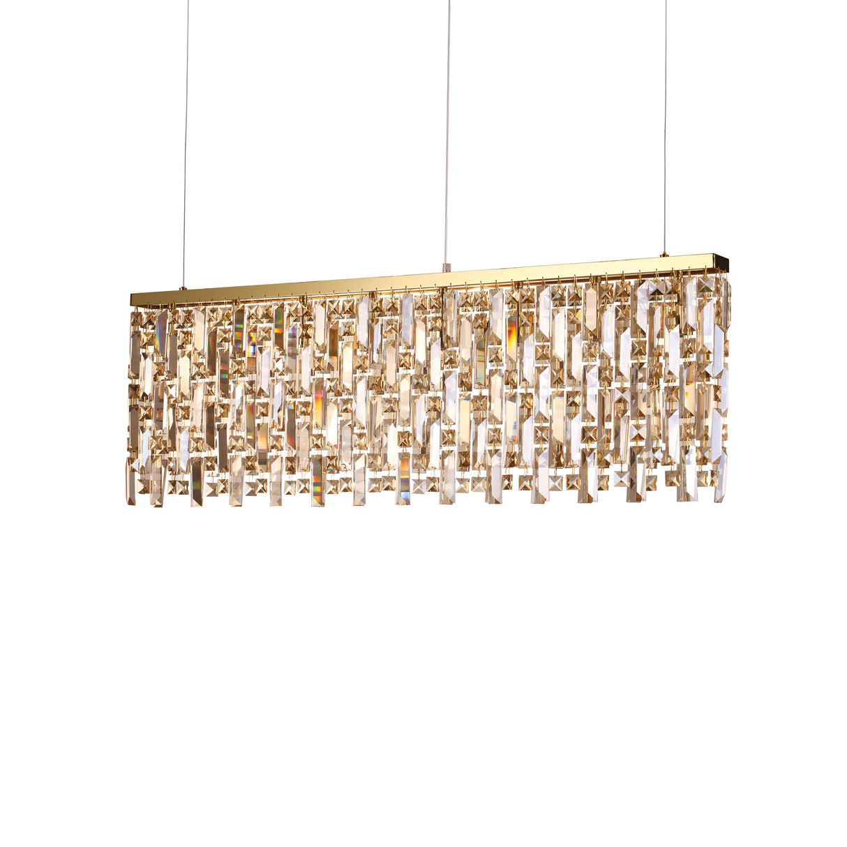 The Glister 6 Linear Suspension Light - Brass, 100cm, is elegantly suspended by two thin wires against a white background and features a rectangular frame with multiple rows of shimmering amber cut crystal prisms.