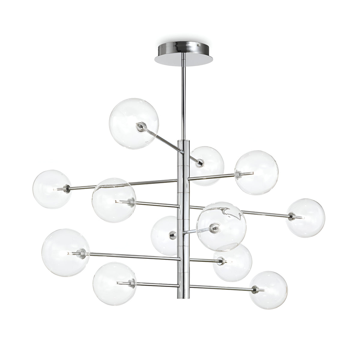 The Solarae 12 Light Suspension – Silver is a contemporary chandelier featuring a sleek metallic frame in a silver finish. It showcases multiple transparent glass globes arranged on horizontal rods, forming an elegant branching design. This minimalist lighting piece is suspended from a ceiling mount, adding modern style to any space.