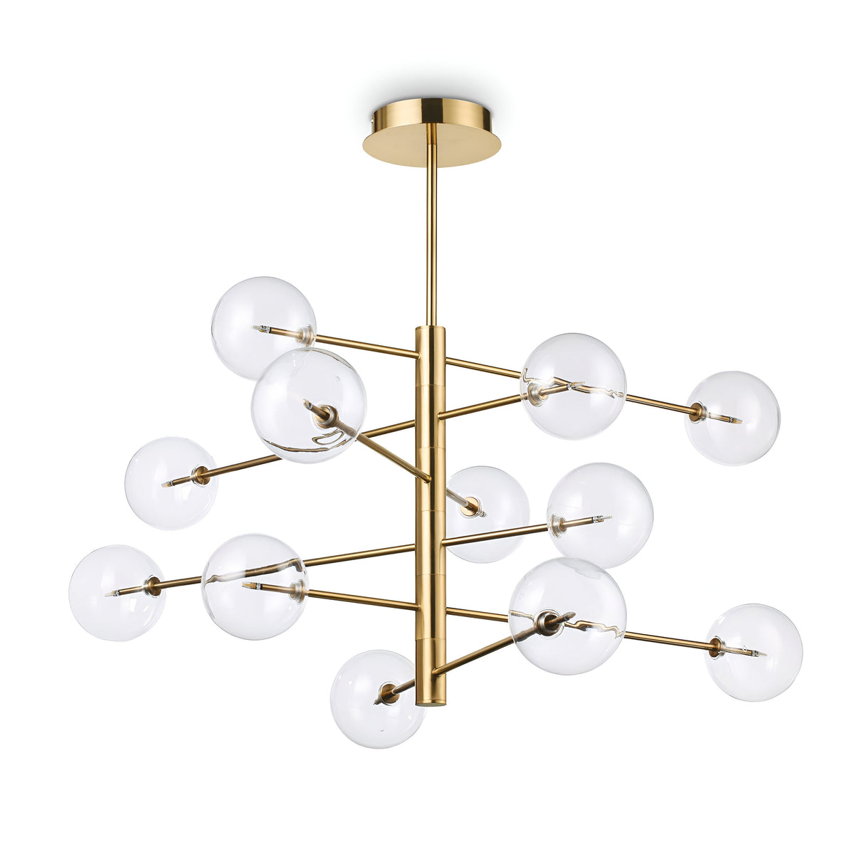 The Solarae 12 Light Suspension - Gold showcases a contemporary aesthetic, with a chandelier design featuring multiple horizontal rods extending from a central vertical rod, each embellished with a clear glass globe at the end. This elegant piece makes a striking statement as it hangs from the ceiling.