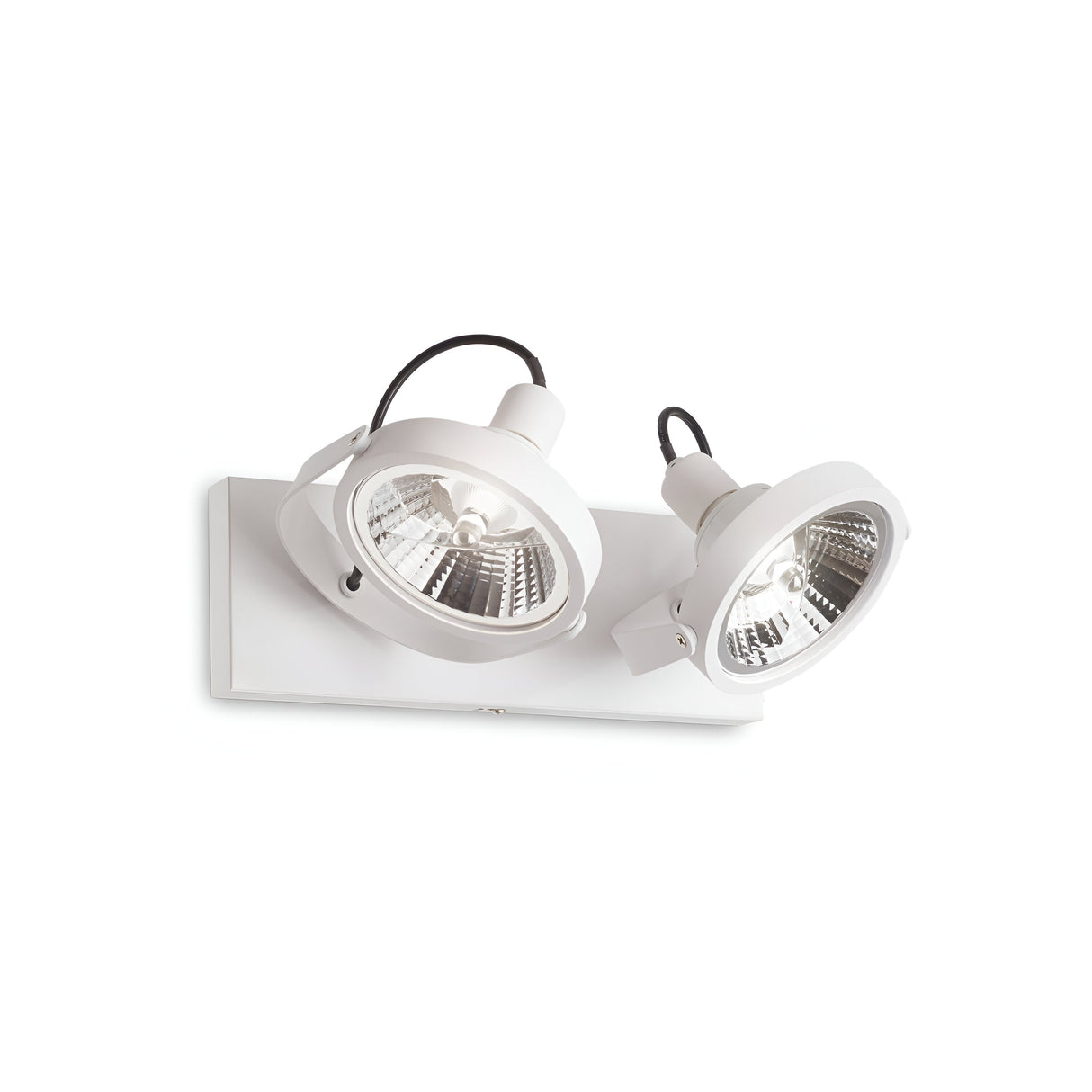 Introducing the Glim Twin Bar Spotlight - White, a sophisticated modern wall-mounted fixture with two adjustable spotlights. Each spotlight features a circular, reflective inner surface and is supplied with a bulb. Linked by black cables, this fixture also provides dimmable lighting for perfect ambiance control.