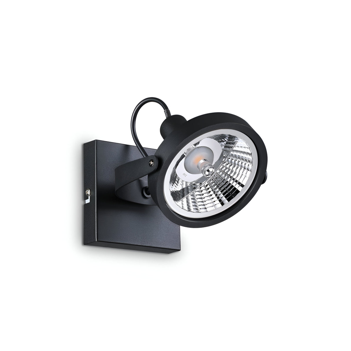 The Glim Single Spotlight - Black features a contemporary black wall-mounted design with a circular, adjustable head and visible internal bulb, all attached to a rectangular base. With the added benefit of dimmable functionality and an adjustable diffuser, it’s perfect for modern indoor lighting.