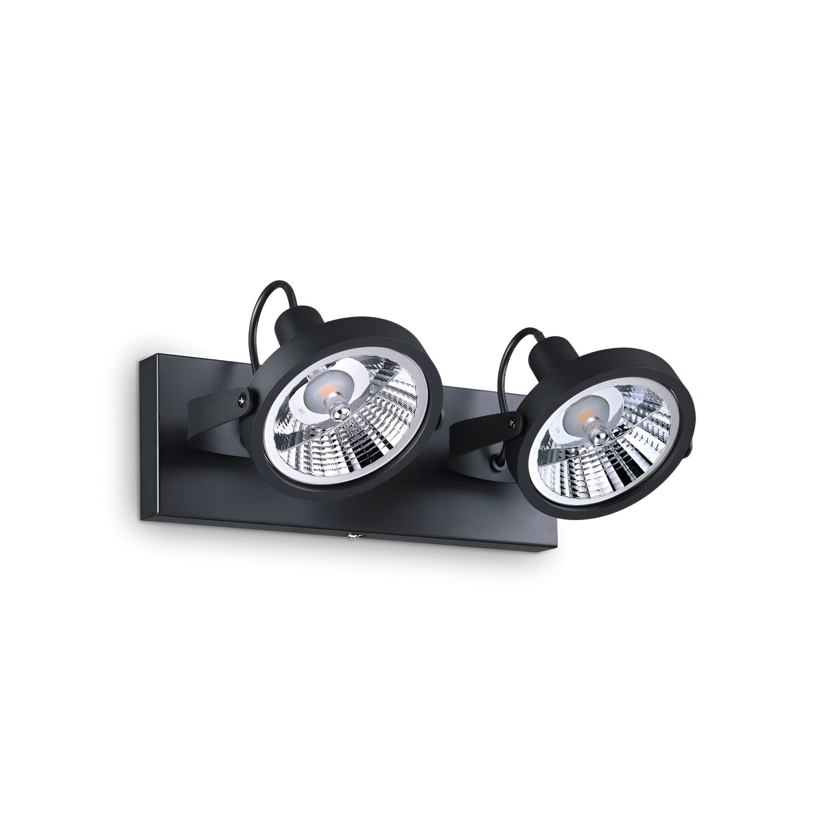 The Glim Twin Bar Spotlight in black is a contemporary wall-mounted fixture featuring adjustable circular lamps with reflective interiors. Dimmable and mounted on a rectangular base with clean lines, it offers versatile lighting for modern decor settings.