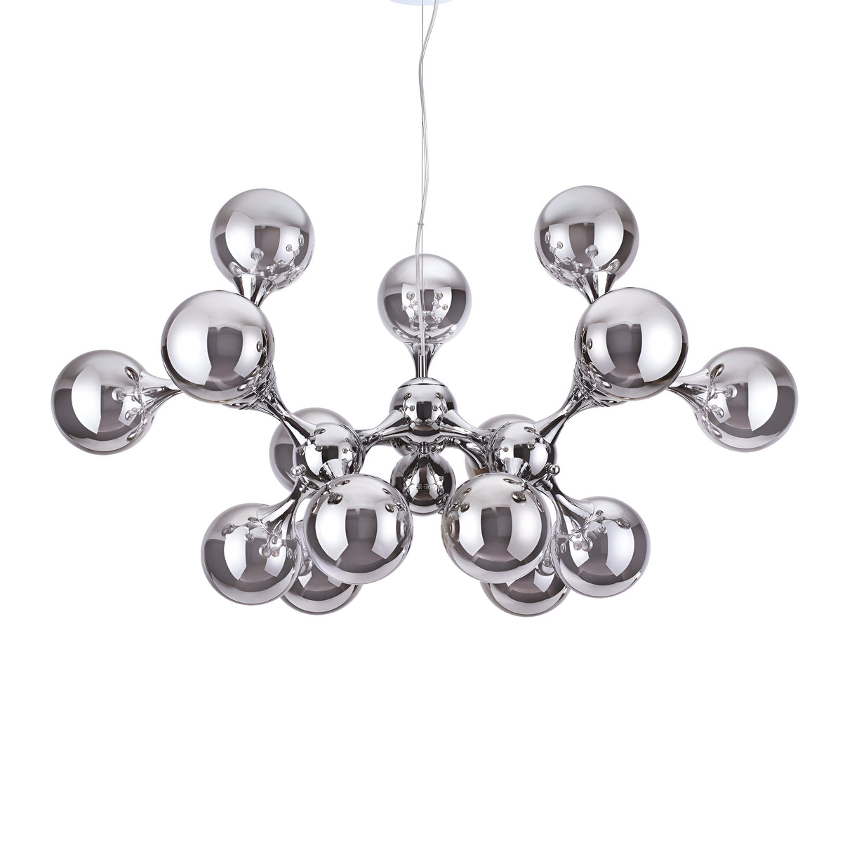 The Emblaze 15 Light Suspension - Silver is a stunning example of modern elegance, showcasing a metallic chandelier with dimmable lighting. It features multiple spherical bulbs emanating from a central point, forming an atomic structure-like design, while its lustrous silver finish reflects light to elevate its sophistication.