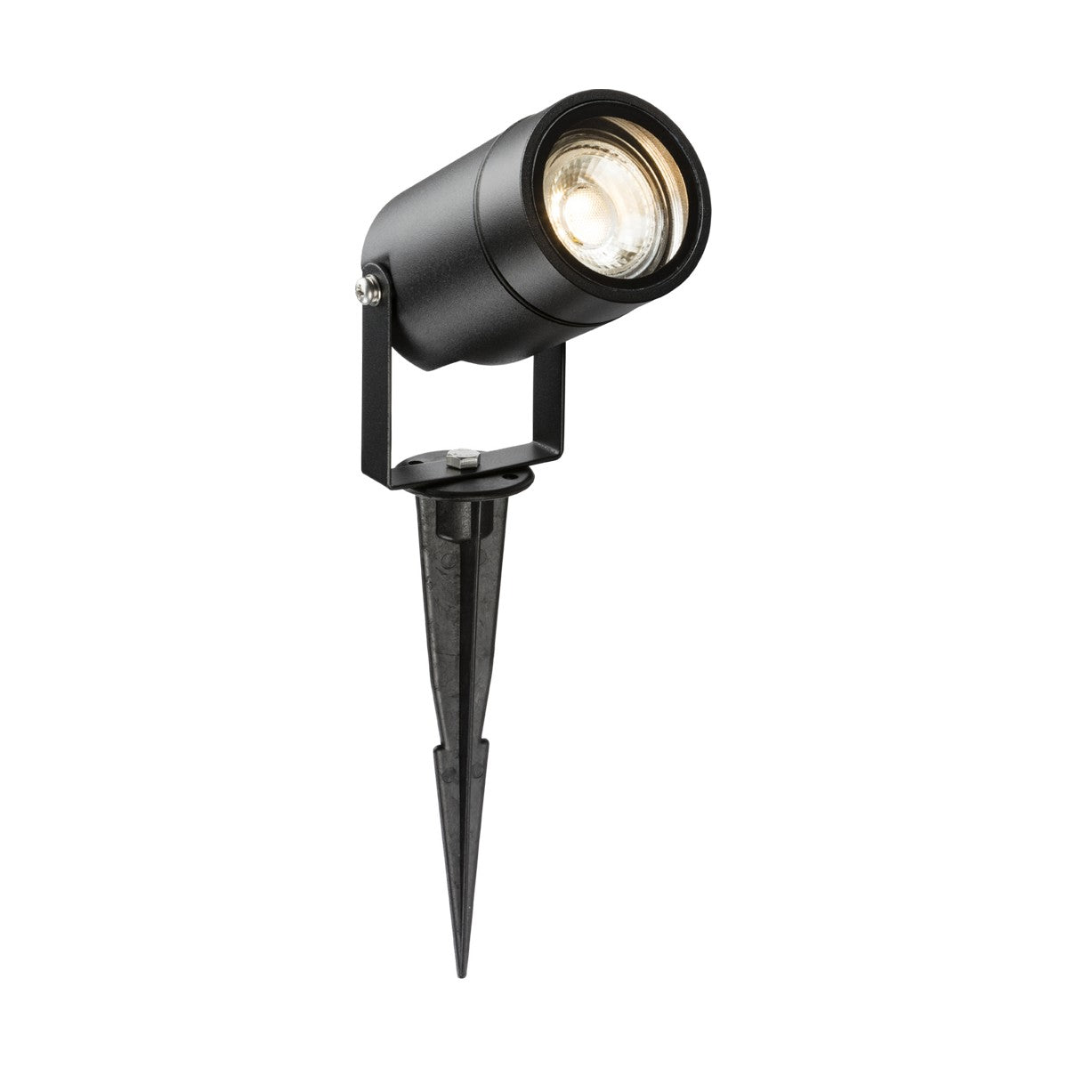 The IP65 GU10 Wall/Spike Light Black is an elegant cylindrical outdoor spotlight that comes with an adjustable bracket for easy mounting. It offers IP65 protection, includes a pointed stake for ground installation, and emits bright white light. Compatible with GU10 lamps, it is ideal for landscape or garden spike spotlight applications.