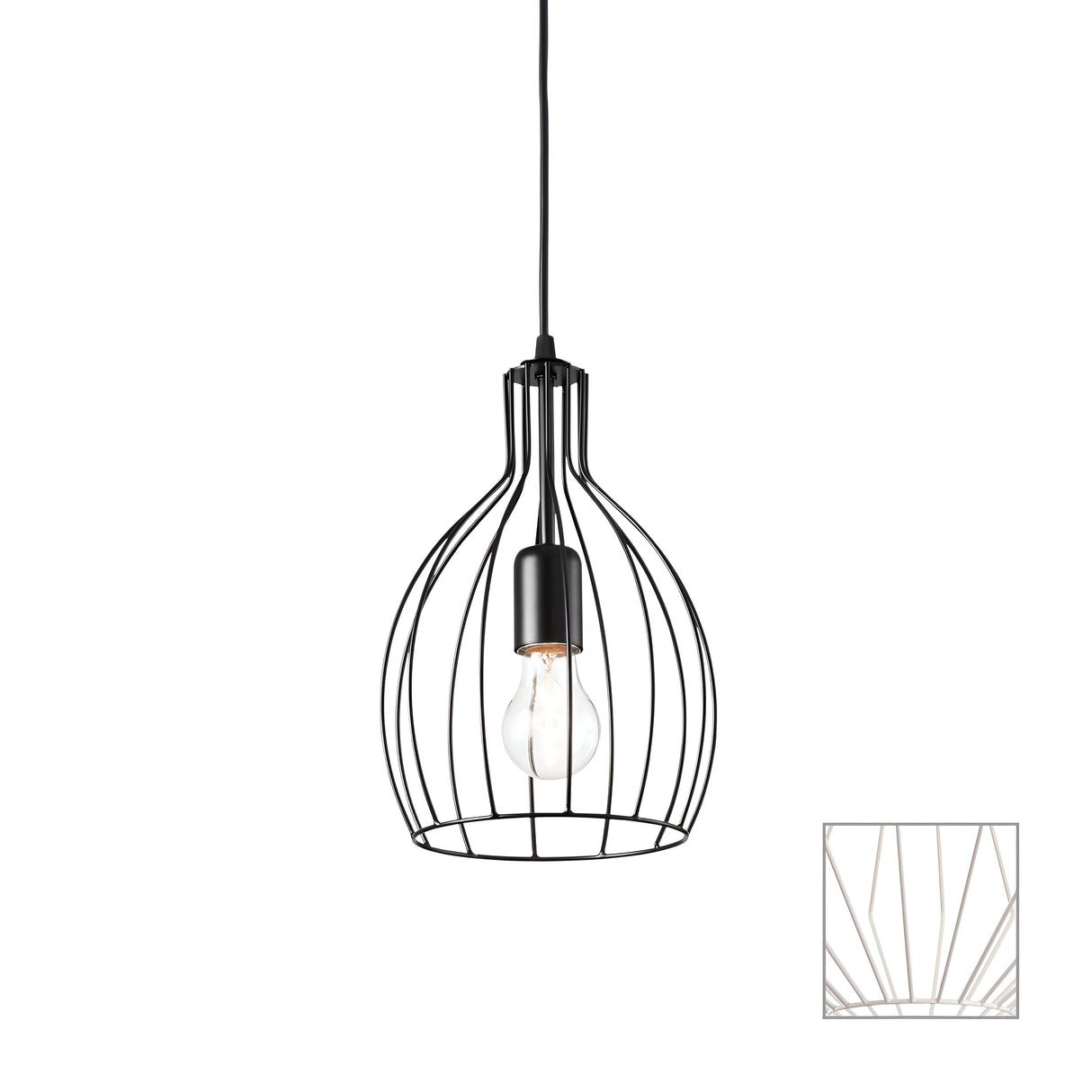 A white wire-frame pendant light with a visible bulb hangs from an adjustable electric cable. The design features a modern, cage-like structure with curved lines, embodying the Tone-2 1 Light Pendant style. Inset shows a close-up of the frame.