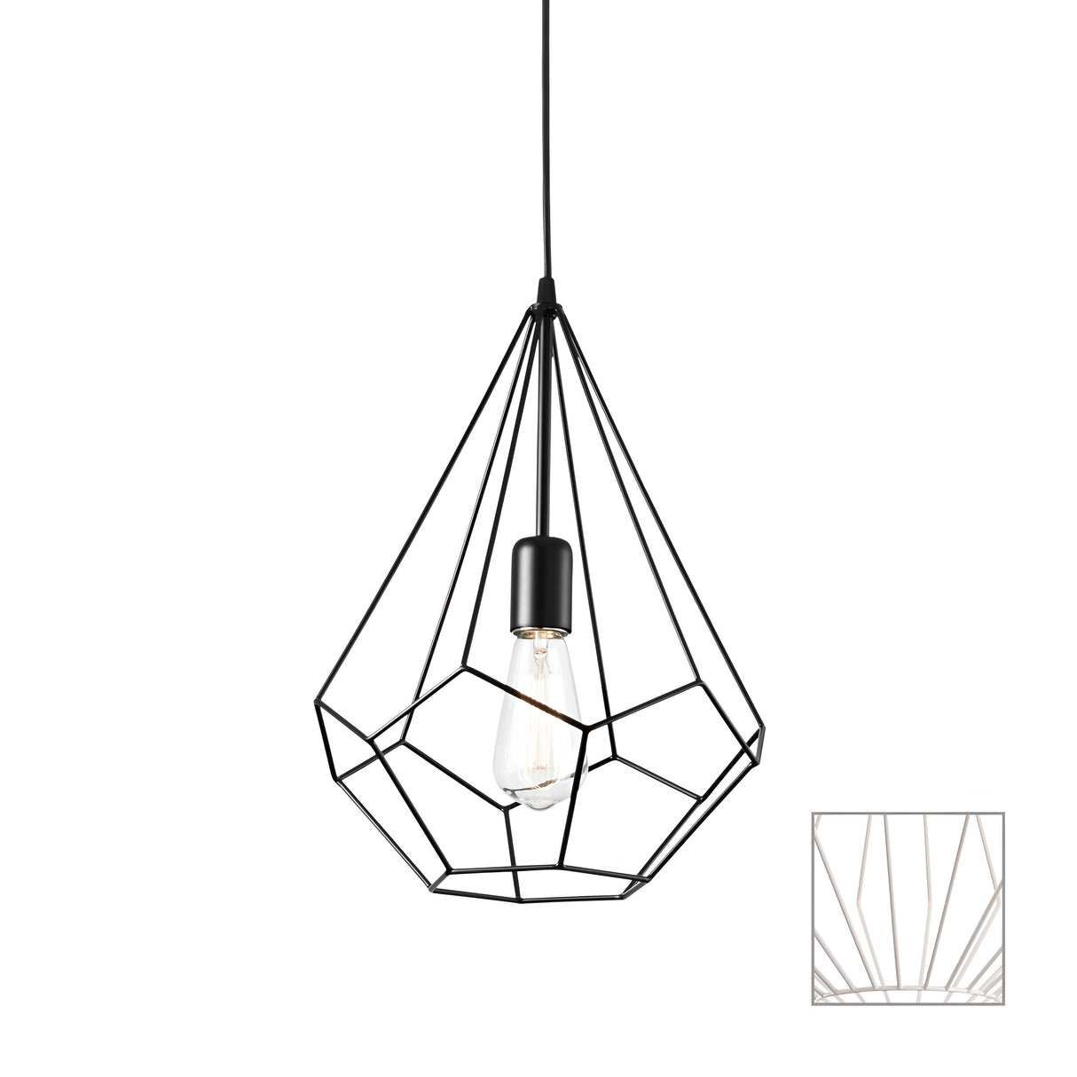 The Tone-3 1 Light Pendant showcases a minimalist design with a geometric wire frame suspended from the ceiling. Its faceted white teardrop encloses a single exposed bulb, gracefully hanging by an adjustable electric cable. An inset image provides a detailed view of the intricate wire pattern.