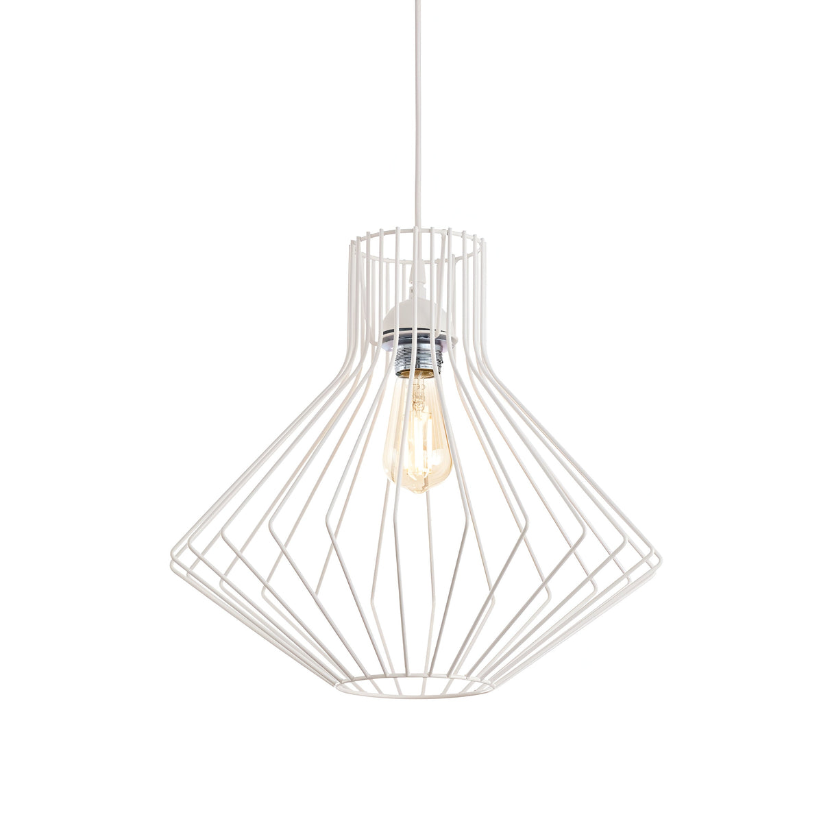 The Tone-4 1 Light Pendant in white, with its geometric metal wire design, descends from the ceiling to reveal an exposed bulb at its core. This modern pendant lamp offers a minimalist yet striking presence, enhancing Scandinavian-inspired interiors with clean lines against a pristine backdrop.