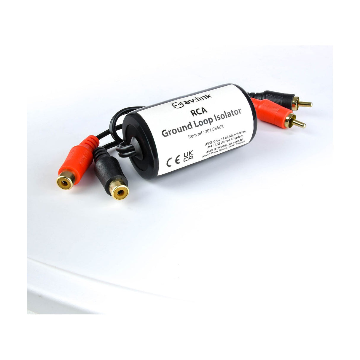 AV:Link RCA Ground Loop Isolator with black cylindrical casing, red and black gold-plated RCA plugs on one end and matching RCA sockets on the other.
