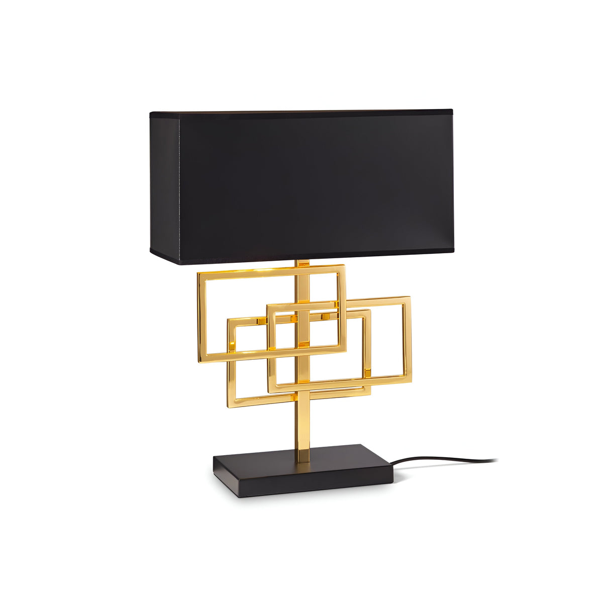 The Nina Small Table Lamp - Black/Gold is a chic and practical addition, showcasing a modern design with a rectangular black shade paired with a geometric gold base of interlocking rectangles, all resting on an elegant black platform. Its convenient power cord extends from the base, merging elegance and functionality seamlessly.