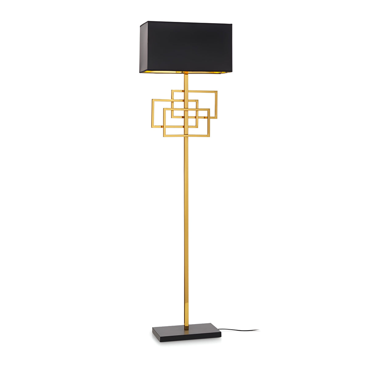 Discover the Nina Floor Lamp - Gold/Black, a stunning example of contemporary design. Featuring a chic square black lampshade and an eye-catching gold geometric pattern on its stem, this lamp stands out with its sleek black base and slender cord, making it ideal for enhancing modern interiors.