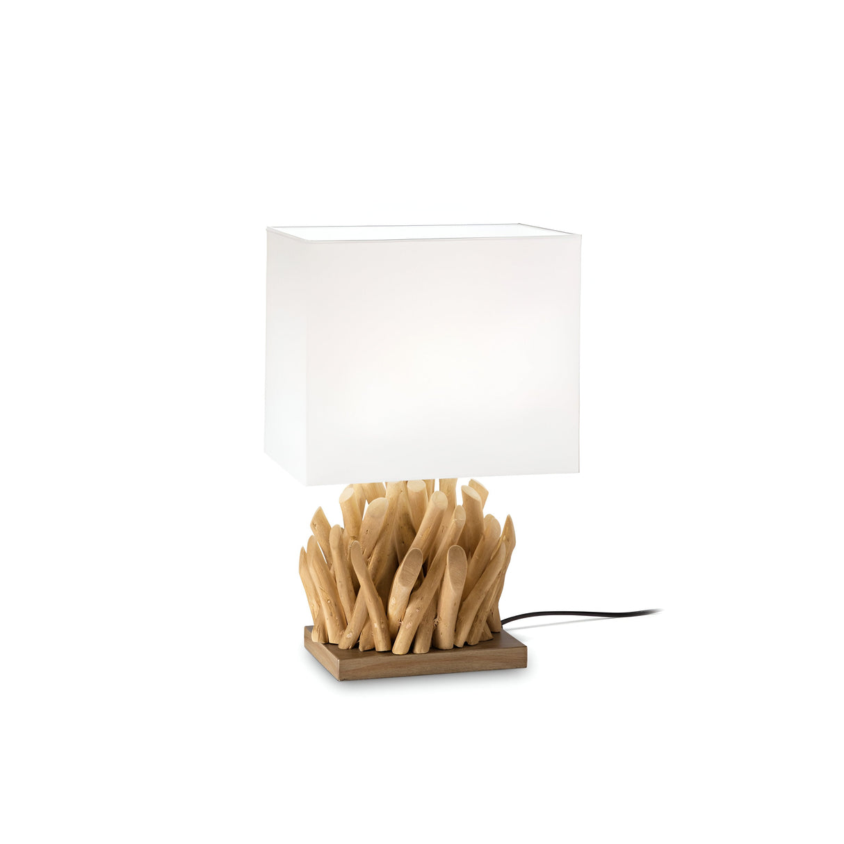 Introducing the Glorina Small Wood Table Lamp - White, a contemporary piece showcasing a sleek rectangular shade atop a uniquely textured wooden base reminiscent of intertwined branches, all presented against a simple white backdrop.
