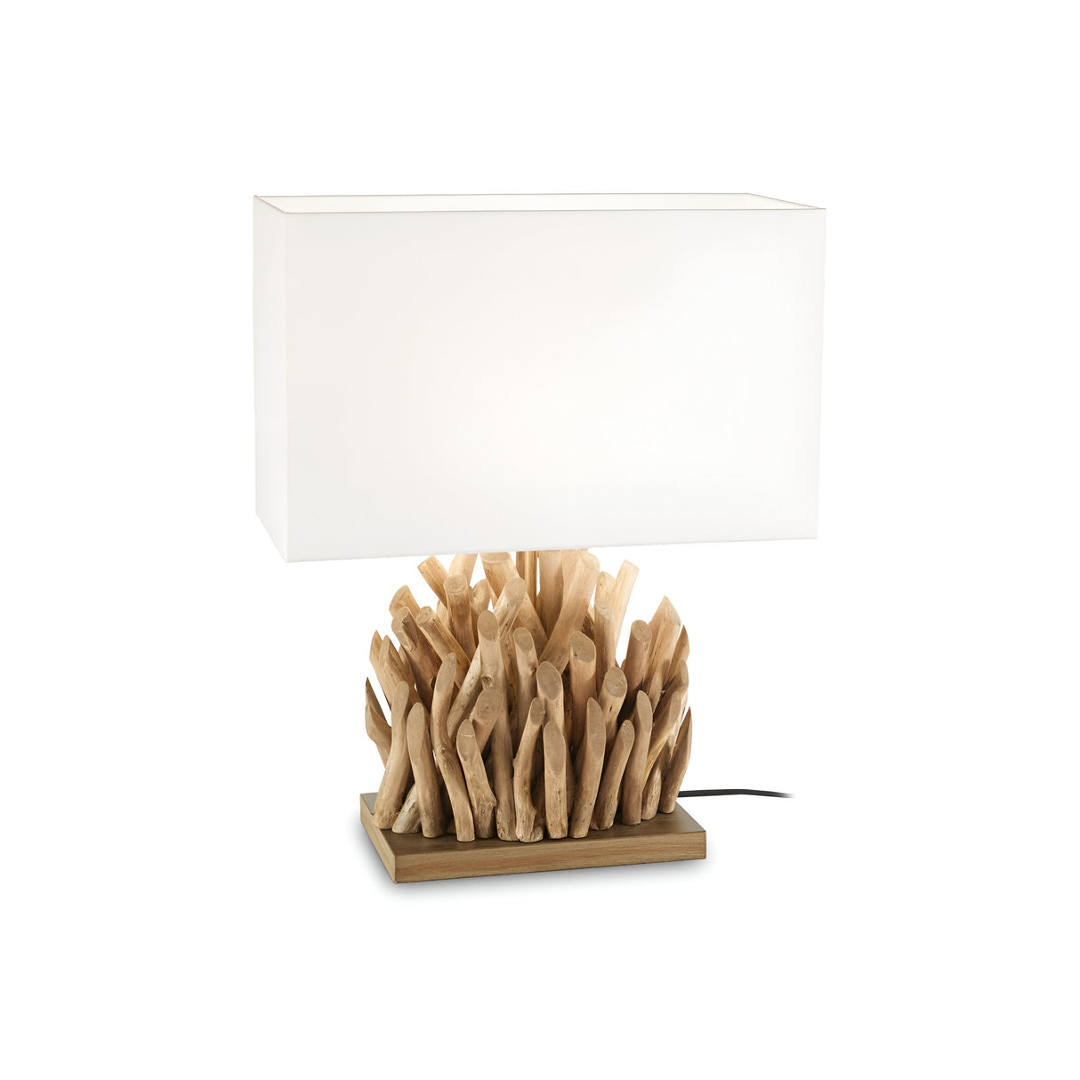The Glorina Large Wood Table Lamp - White features a nature-inspired design with a rectangular white shade and a distinctive wooden base made of irregularly shaped natural wood pieces, all elegantly positioned on a square wooden platform.