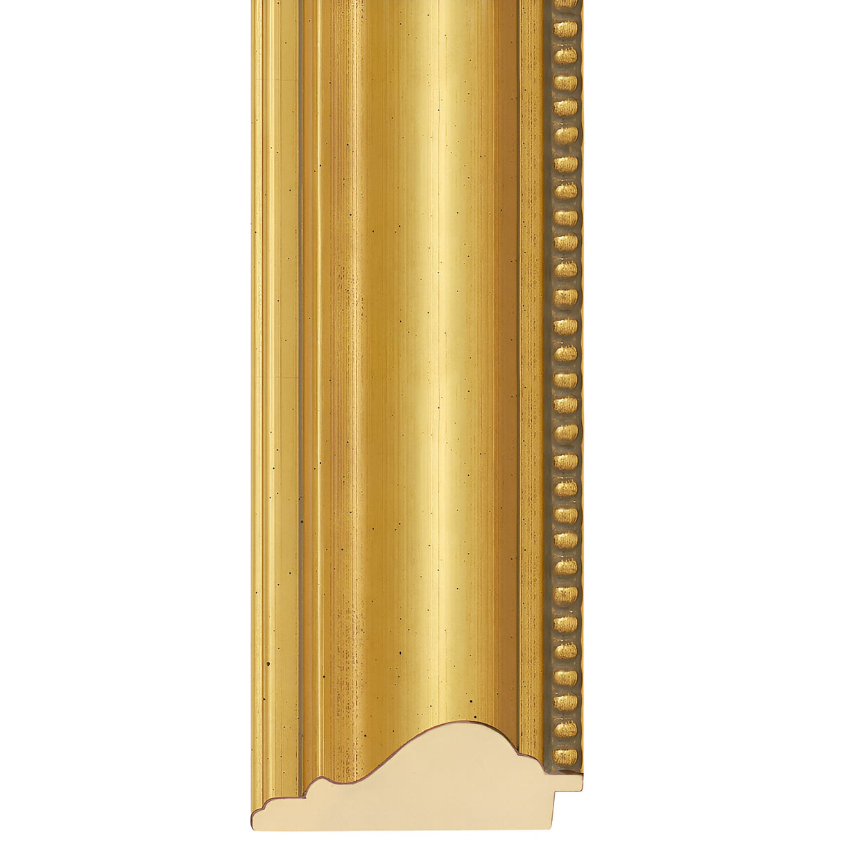 The Argentia Rectangle Wall Mirror - Gold showcases a close-up of its golden frame with decorative beaded edging on the right side. Its slightly curved profile and smooth finish add elegance, making it ideal for stylish homes.