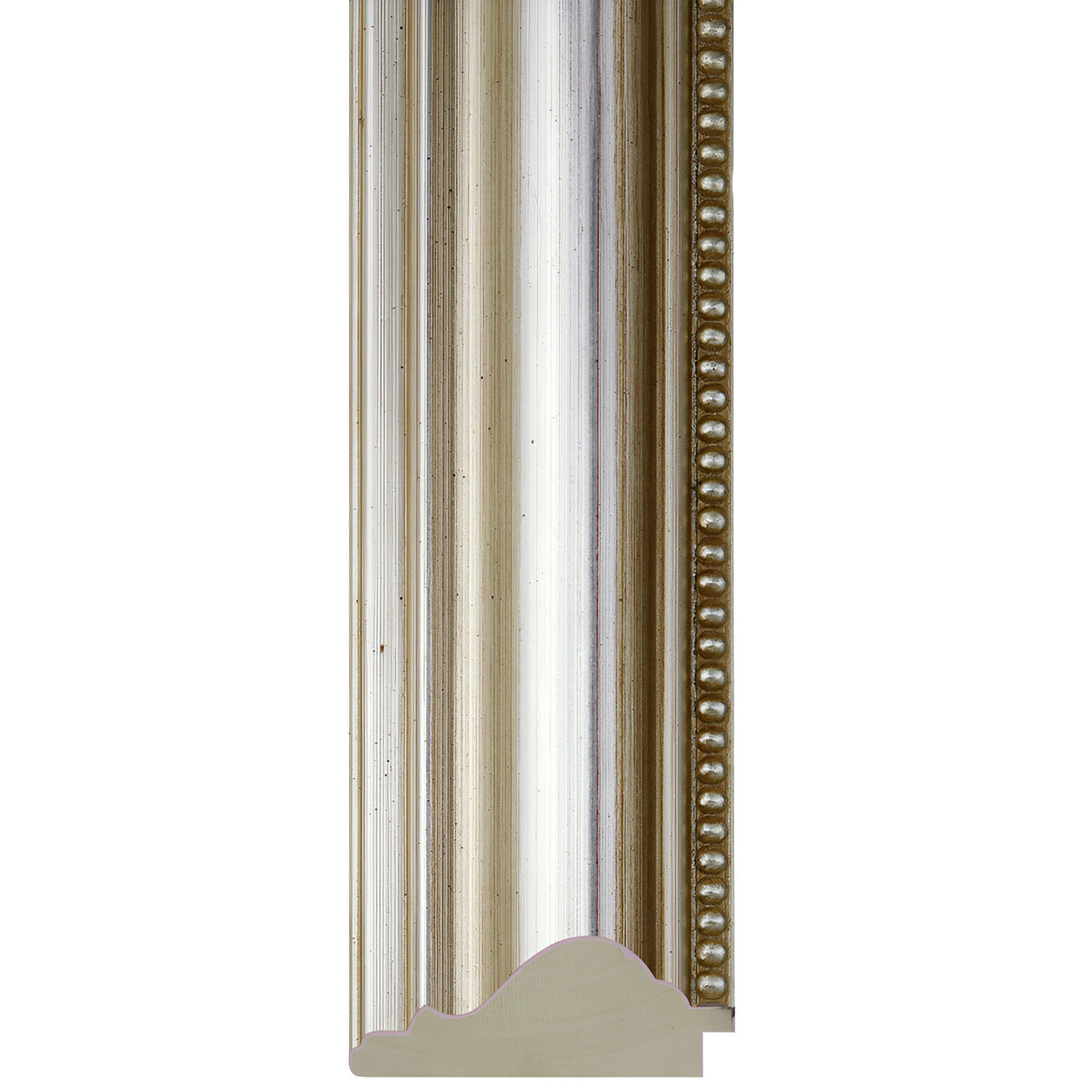 Close-up of the Verity Rectangle Wall Mirror - Silver, featuring a metallic finish and ornate frame with curved grooves and bead-like accents for a classical, elegant look.