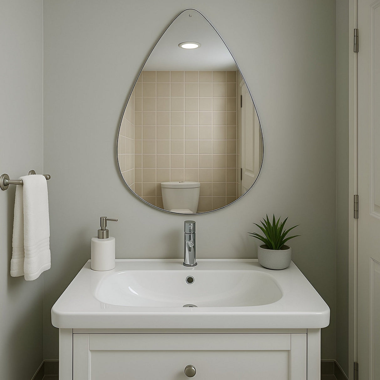 A modern bathroom features a white sink and cabinet, silver faucet, soap dispenser, and plant. An Oculus Droplet Wall Mirror Clear - 90x60cm with a teardrop shape reflects the toilet and beige tiles. A towel hangs on a rack to the left.