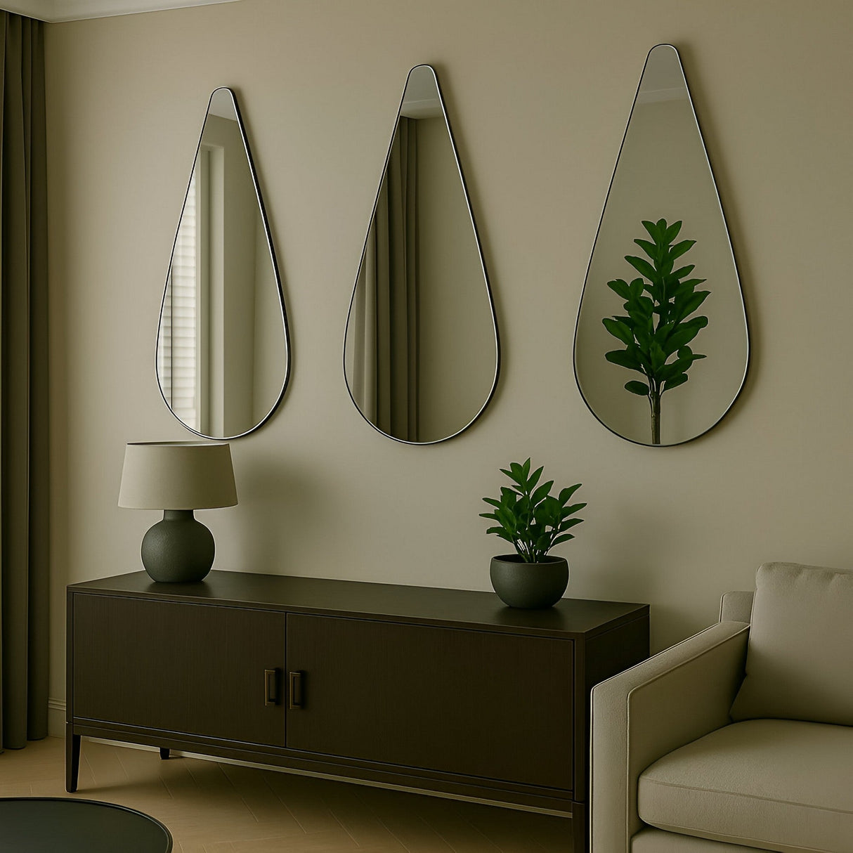Three teardrop-shaped Oculus Droplet Wall Mirrors - Clear hang above a dark console table topped with a lamp and potted plant. A beige sofa is partly visible, and one frameless mirror reflects greenery against neutral walls and curtains.