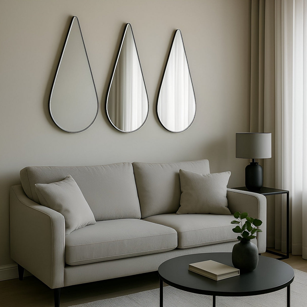 A modern living room features a light gray sofa with two cushions, a round black coffee table with a plant, and three large Oculus Droplet Wall Mirror - Clear in a frameless design above the sofa. A lamp and curtain accent the minimalist space on the right.