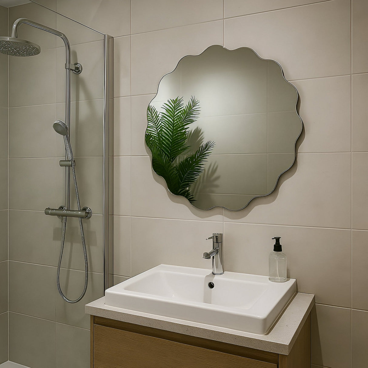 A modern bathroom with a square white sink, soap dispenser, and the Lumeo Circle Wall Mirror - Clear reflecting a plant. A wall-mounted shower features a rainfall showerhead set against light beige tiles.