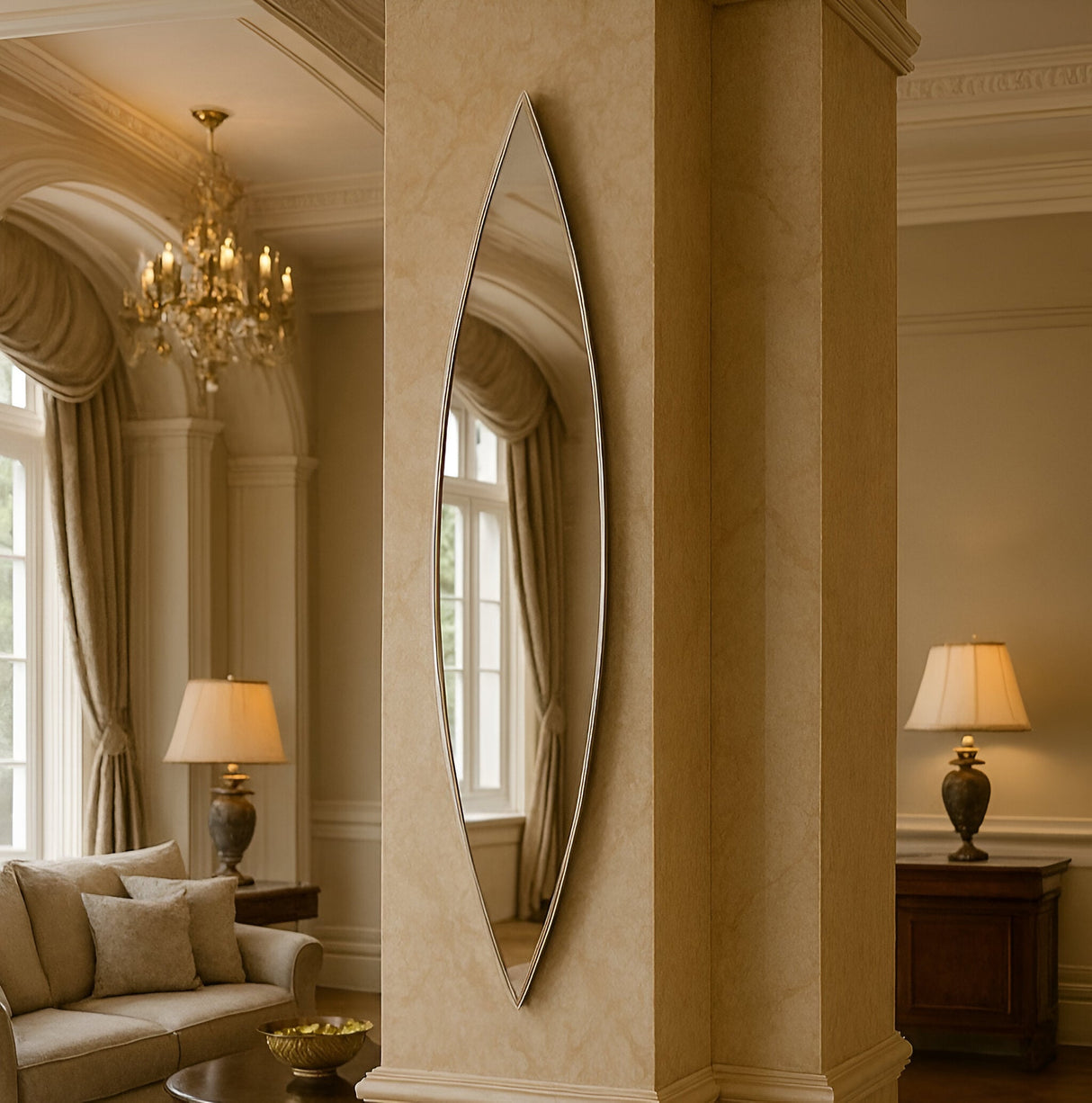 The Aurora Oval Wall Mirror Bronze & Silver - 130x30cm features an elegant ellipse design with a dual-tone frame, mounted on a beige column in a refined living room with chandeliers, large windows, beige sofas, and classic table lamps.
