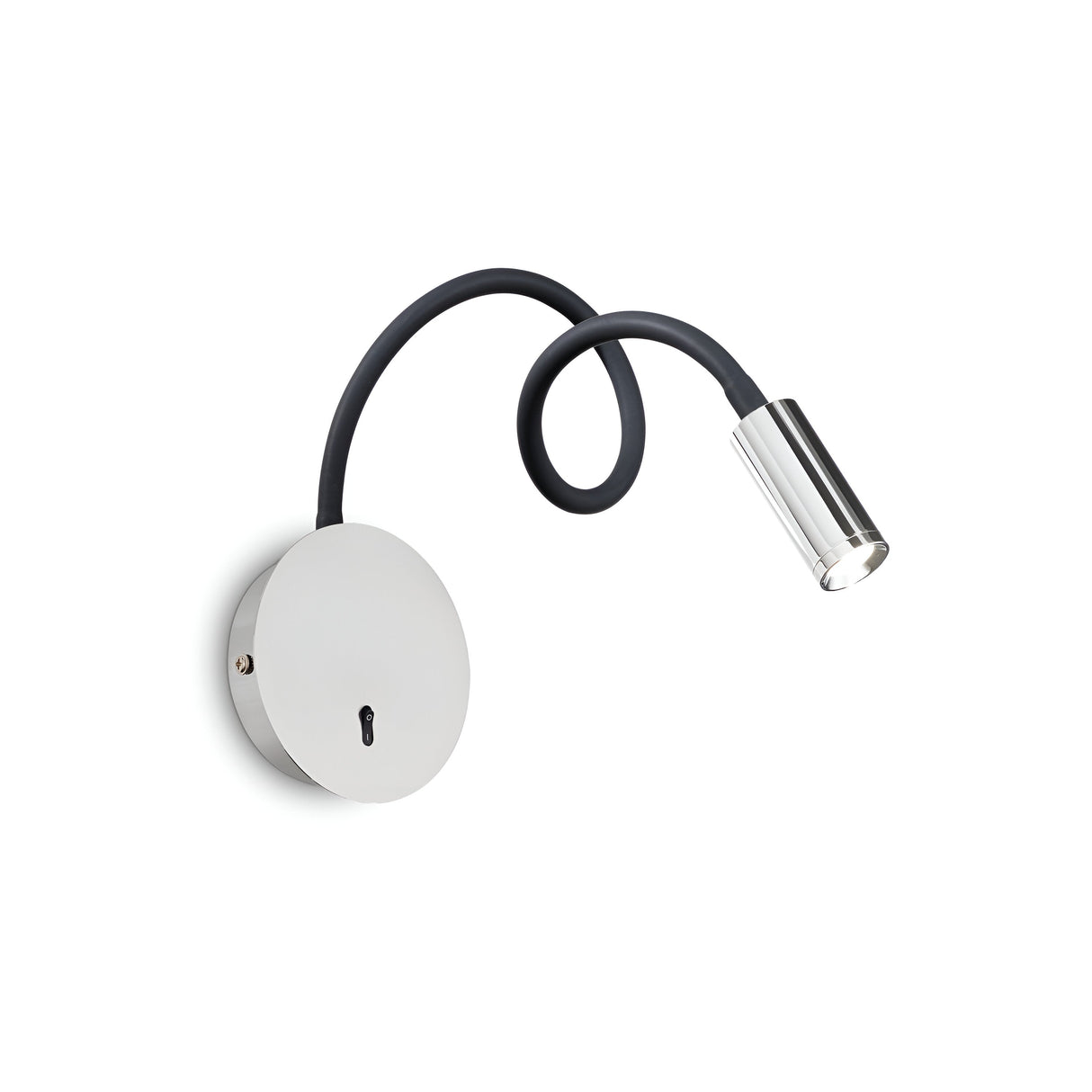 Introducing the Solstra-2 LED Wall Spotlight 4W 3000K in Grey, a sophisticated LED fixture showcasing energy-efficient technology. It features a flexible black arm and a stylish silver cylindrical bulb casing. Mounted on a round silver base, its adjustable arms are expertly crafted for precise directional lighting.