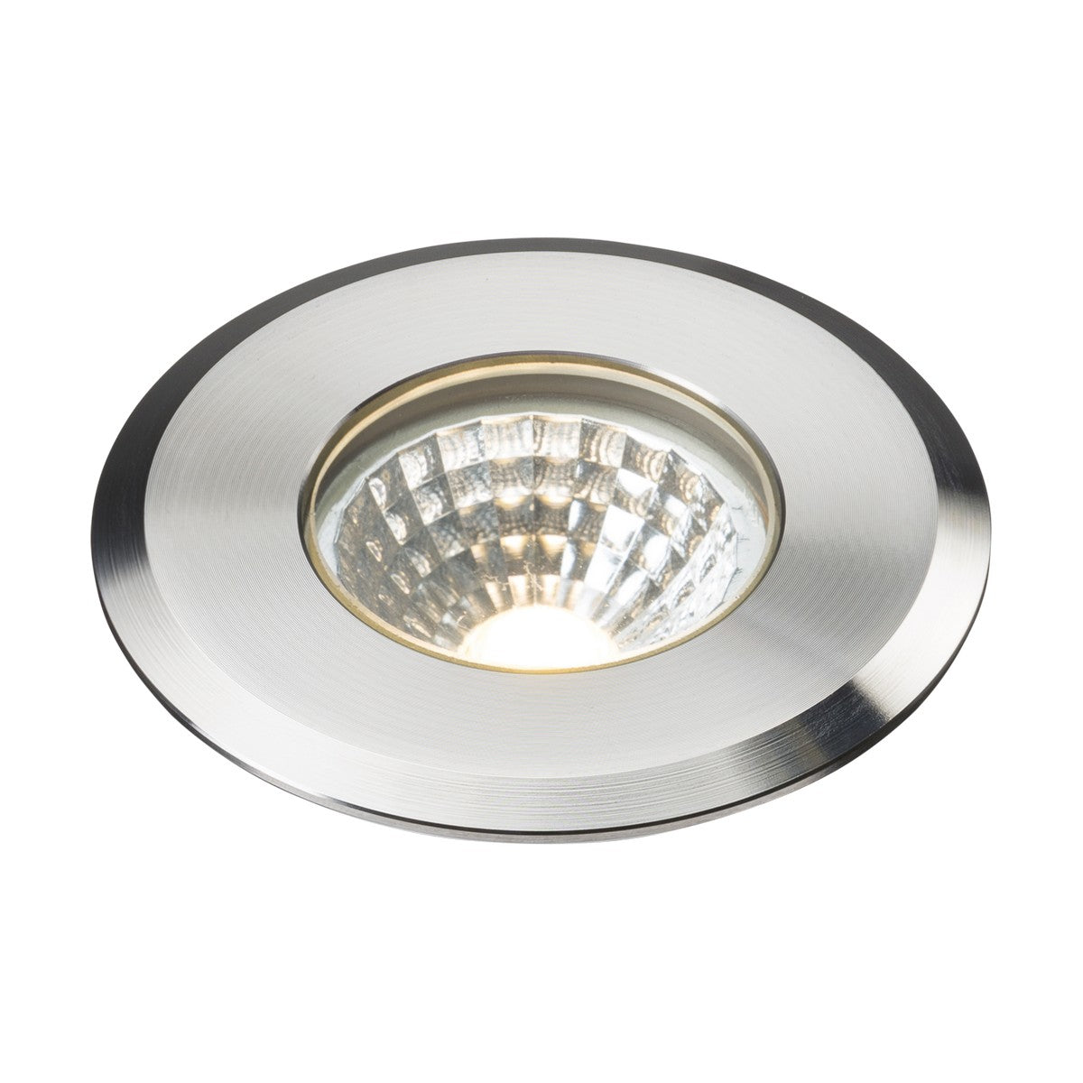 The Outdoor 5W LED Recessed Ground Light Stainless Steel features a circular design with a brushed metal finish and reflective interior. Its LED bulb emits a soft glow, and the IP65-rated stainless steel construction ensures both durability and style.