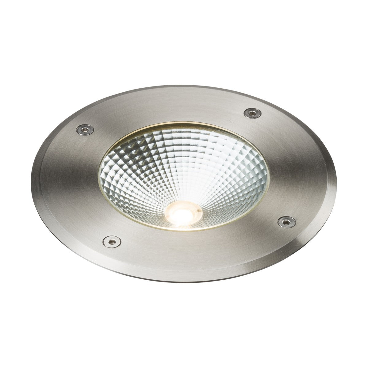 The Outdoor 9W LED Recessed Ground Light Stainless Steel features a polished IP65 stainless steel round design and a textured glass cover in the center, providing a 3000K warm white glow. Four screws are visible around the perimeter, securing this elegant fixture.