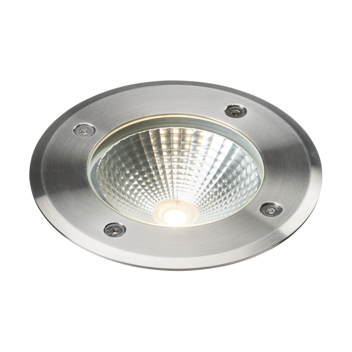 Introducing the Outdoor 6W LED Recessed Ground Light, featuring a durable stainless steel frame and a stylish textured glass cover. The circular LED design provides a bright and focused beam, while four visible screws on the frame ensure secure mounting. This light is perfect for both indoor and outdoor applications.