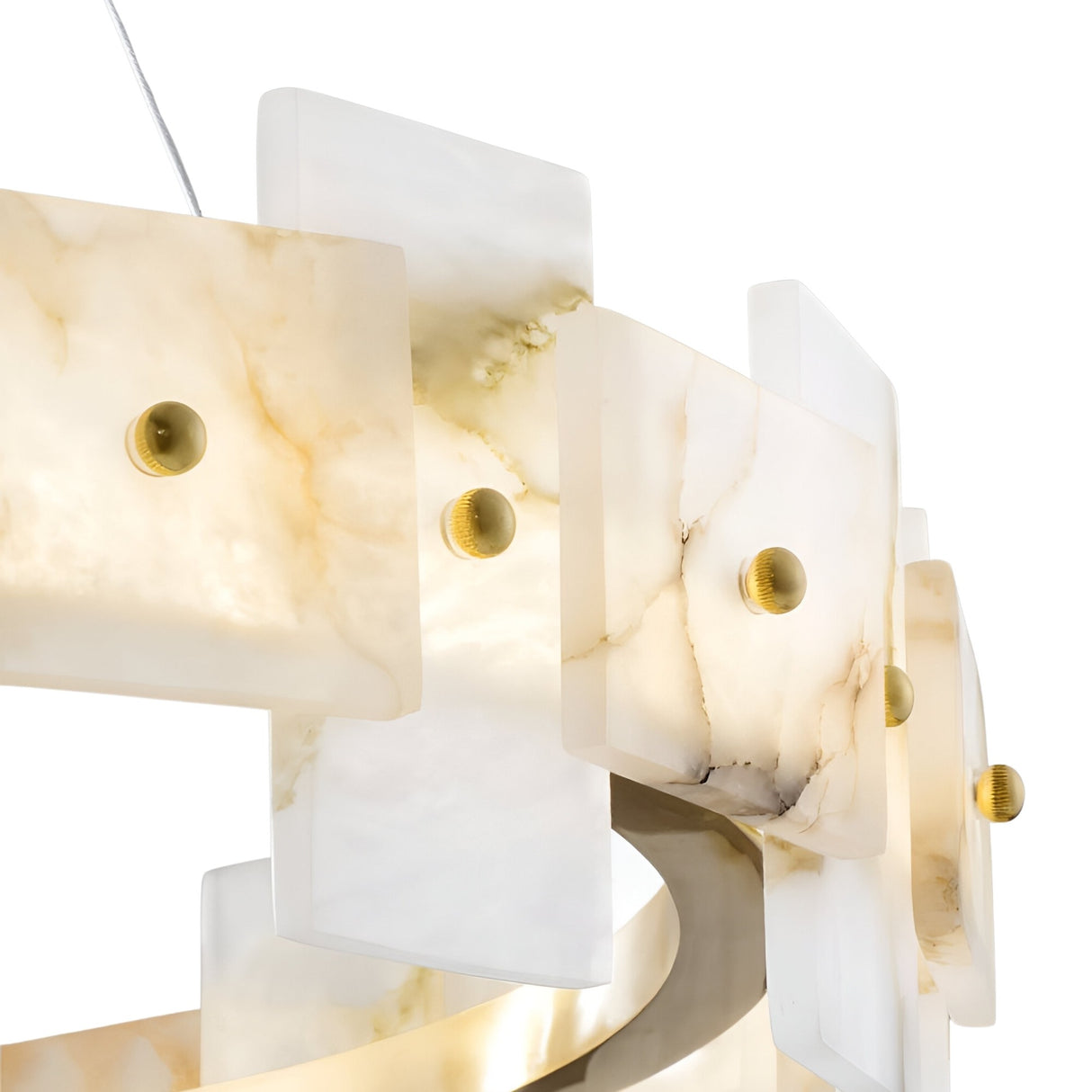 Close-up of the Ravion LED Medium Panelled Alabaster Chandelier in Soft White & Brass, showcasing rectangular Spanish alabaster panels with golden veining, each secured by round brass fasteners to a curved metallic frame.