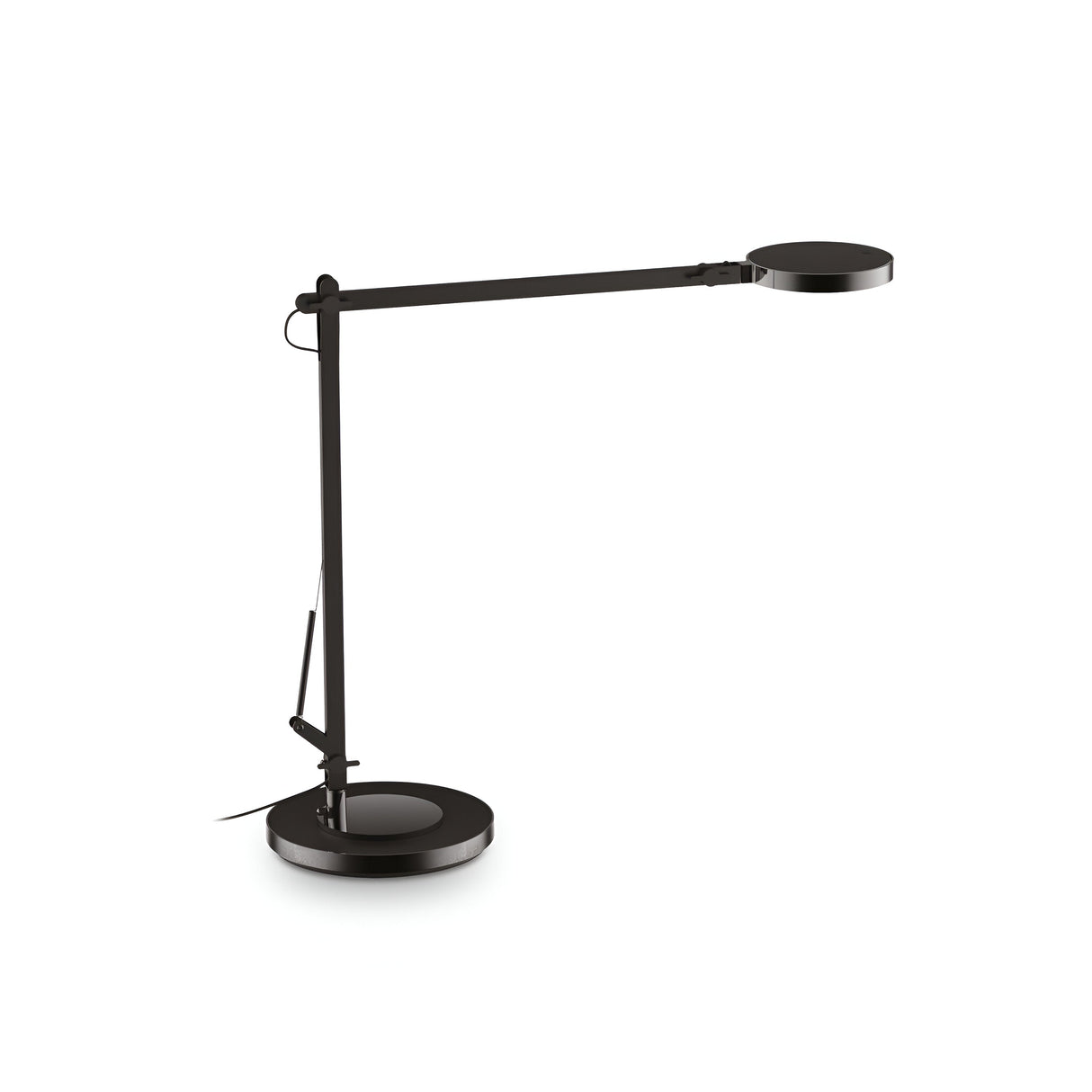 Introducing the Prismora LED Table Lamp 12.5W 4000K - Black, featuring a modern and slim design with an industrial-inspired touch. This sleek black table lamp boasts an adjustable arm and round base, complemented by a circular flat lamp head for enhanced style. Its pivot joint allows for flexibility, while an adjustable LED diffuser maximizes functionality. The lamp's power cord conveniently extends from the base, ensuring ease of use.