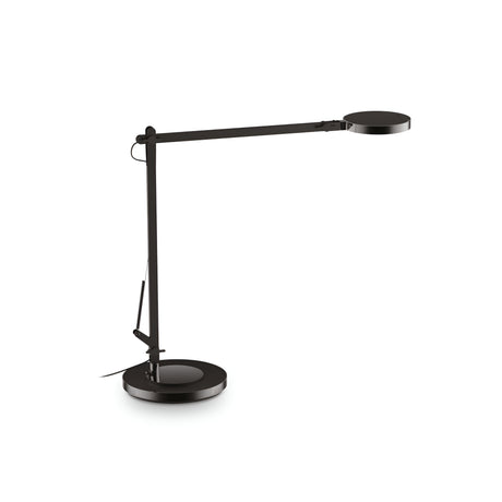 Introducing the Prismora LED Table Lamp 12.5W 4000K - Black, featuring a modern and slim design with an industrial-inspired touch. This sleek black table lamp boasts an adjustable arm and round base, complemented by a circular flat lamp head for enhanced style. Its pivot joint allows for flexibility, while an adjustable LED diffuser maximizes functionality. The lamp's power cord conveniently extends from the base, ensuring ease of use.