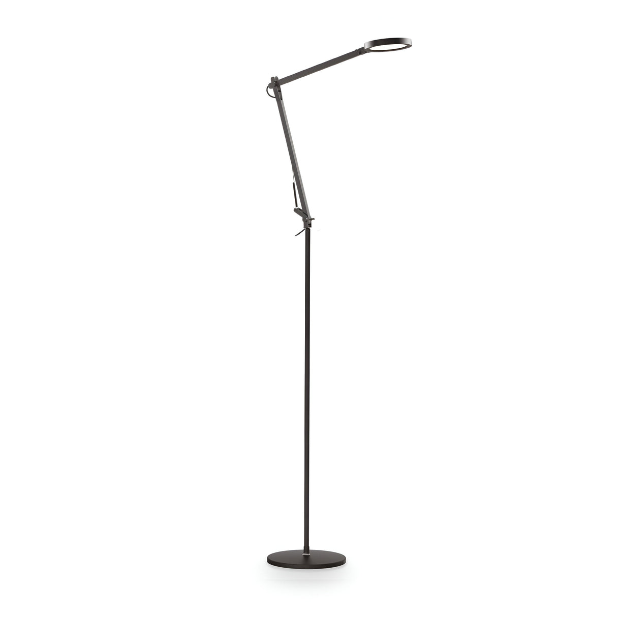 Introducing the Prismora LED Floor Lamp, a sleek and modern addition to contemporary interiors. This adjustable lamp in black features an elongated arm and a flat, circular lamp head poised on a round base. With its minimalist design, it offers flexible positioning to suit any room's aesthetic.