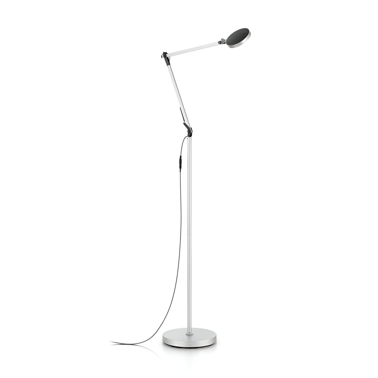 Introducing the Prismora LED Floor Lamp 12.5W 4000K in Grey, a sleek and modern lighting solution featuring a circular base, an extended arm, and a round light head. This lamp boasts a minimalist design with adjustable lighting capabilities, perfect for enhancing any contemporary space. The silver finish is complemented by the black power cord that elegantly hangs to the side.