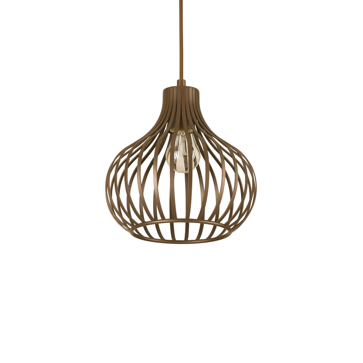 The Solyra 1 Light Pendant - Brown, 23cm exudes modern elegance with its sleek open cage design. Made from a warm brown material, the vertical bars encircle an exposed bulb hanging from a slim matching rod, offering a striking contrast against the white backdrop.