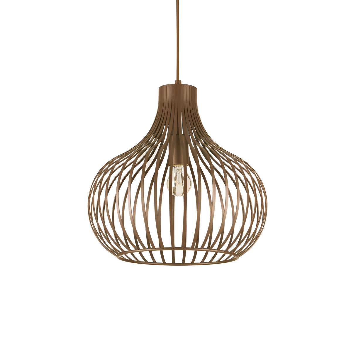 The Solyra 1 Light Pendant - Brown, 38cm is a contemporary lighting piece featuring a bronze cage-style design with a metallic brown finish. Its open spherical shape showcases a visible bulb, suspended gracefully from a slim, matching rod, bringing an elegant touch to any room.