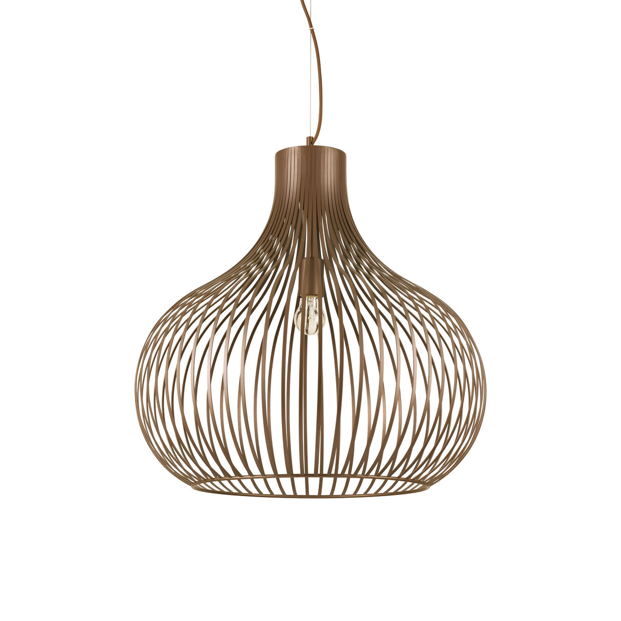 The Solyra 1 Light Pendant in brown, measuring 59cm, boasts a modern wireframe design with a bulb at its center. The wires create a rounded, symmetrical shape for an open and airy appearance. Suspended by a cord, this oversized lighting fixture is an ideal addition to any contemporary styled space.