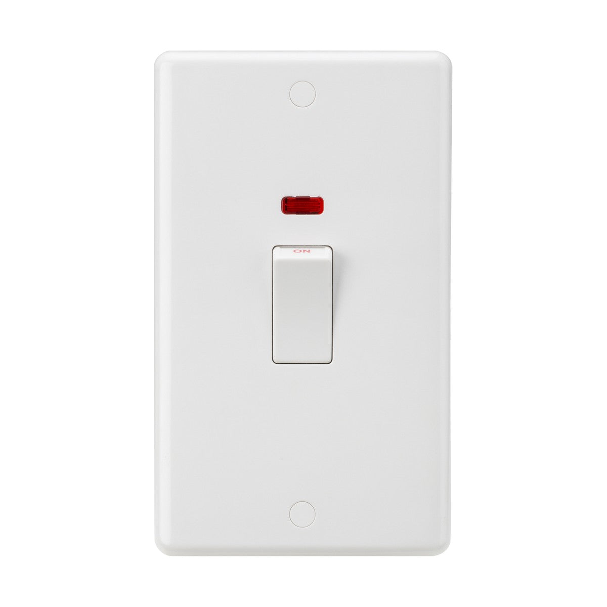 A white 45A DP Switch Neon in a 2-gang size, featuring a single toggle switch with an eye-catching neon indicator light above it, is set against a plain white background. The double pole switch is in the off position and offers anti-microbial properties for enhanced safety and cleanliness.
