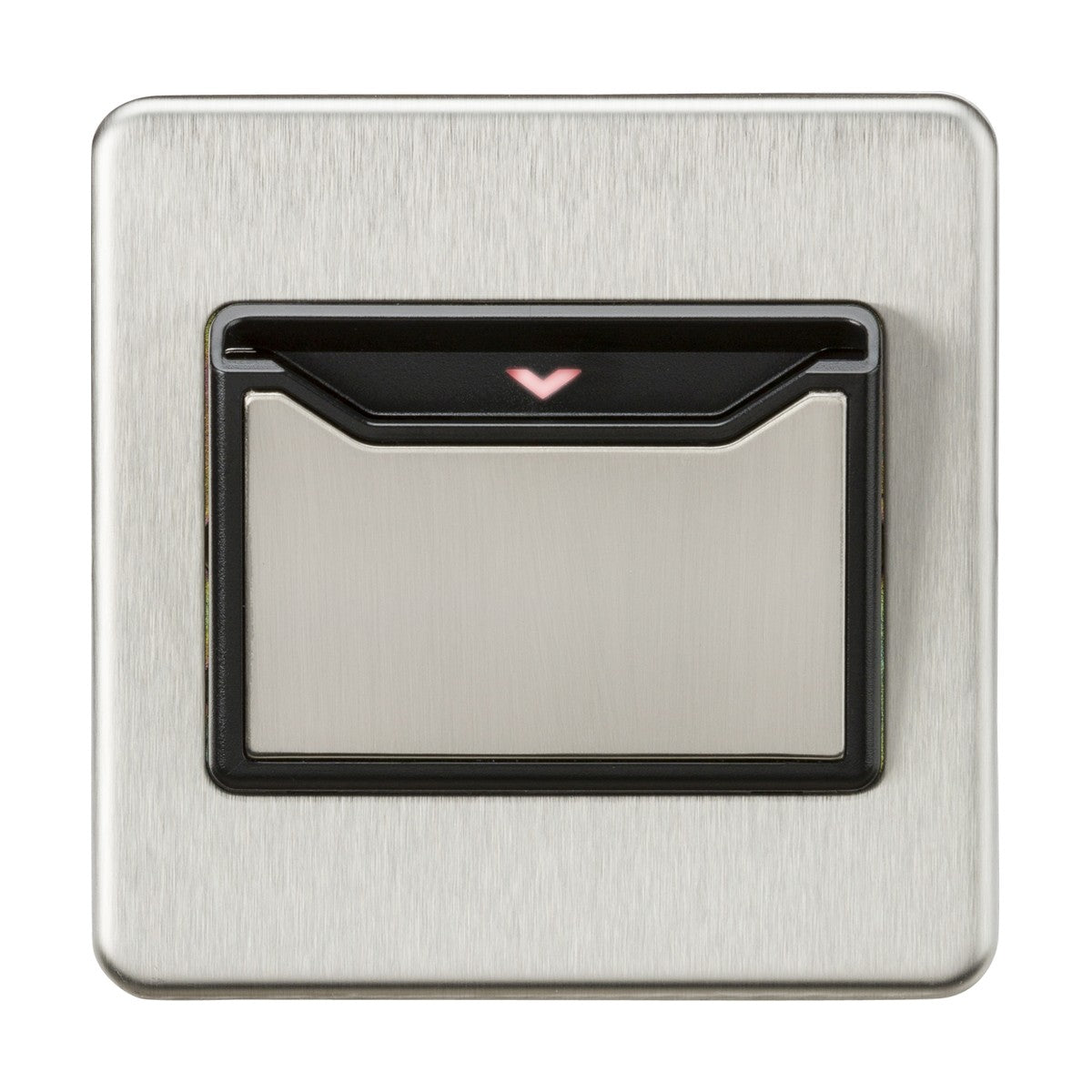 The 32A 1 Gang Key Card Switch in brushed chrome is used for electronic access or control systems and features key card activation. It boasts a minimalist, screwless low-profile design with a small downward arrow indicator above the slot, similar to a hotel room power switch.