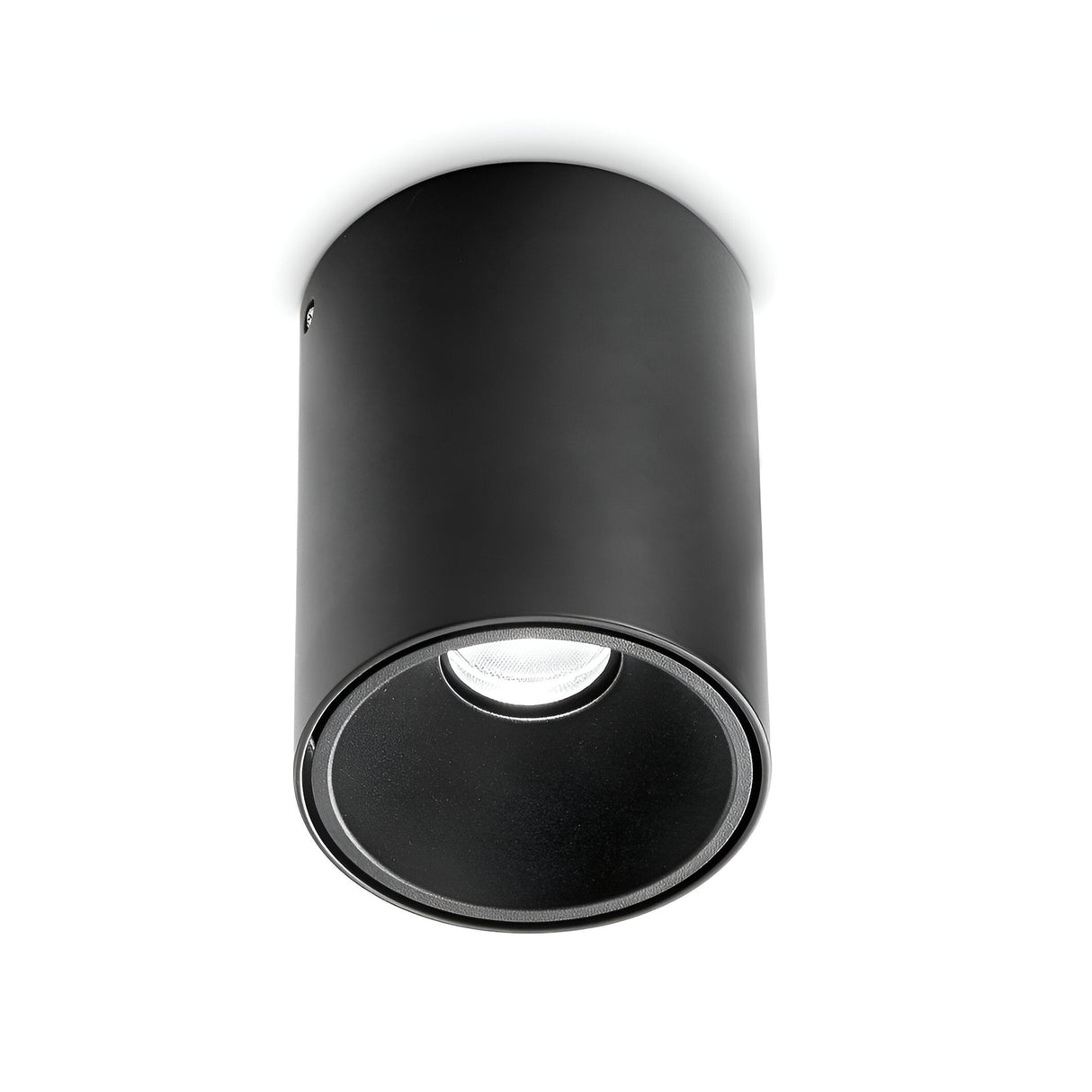 A black Lucent LED Round Downlight 25W 3000K, measuring 9cm, is mounted against a white background. This cylindrical ceiling light fixture features a recessed design with its energy-efficient LED lighting directed downwards.