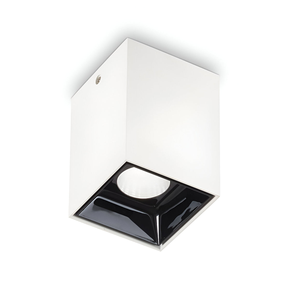 The Lucent LED Square Downlight 25W 3000K - White, 5cm is a sleek, modern ceiling-mounted fixture featuring a square black interior with a white exterior. This energy-efficient and minimalist geometric design is perfect for contemporary interiors.