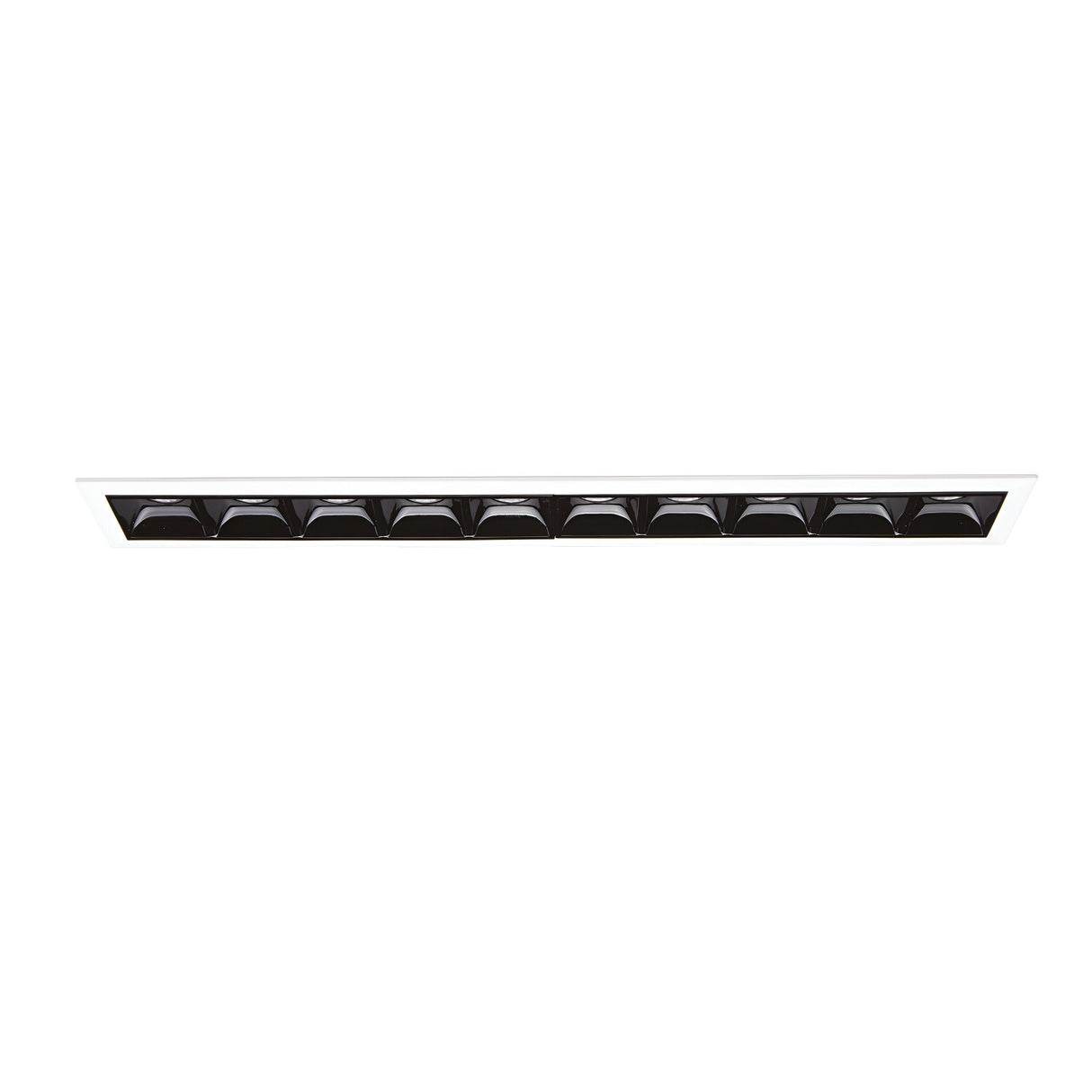 A sleek, rectangular array of Phosix Trim LED Recessed Downlights, finished in black and set against a white background, showcases a minimalist design that delivers energy-efficient lighting.