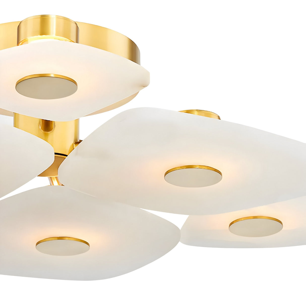 The Calyra LED Large Alabaster Semi-Flush Ceiling Light in Brass & Soft White features four frosted, rounded rectangular glass panels with gold accents, casting a warm glow ideal for modern spaces and reminiscent of Spanish alabaster.