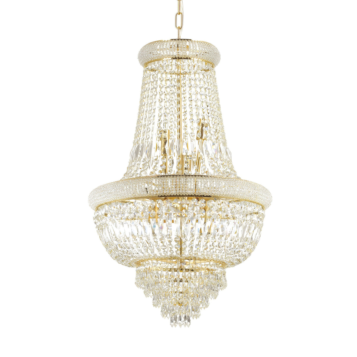 The Emberlit Crystal 10 Light Chandelier - Brass is a luxurious lighting fixture with a tiered design, embellished with intricate gold and crystal details. It features a brass finish and hangs elegantly from a gold chain, while its dimmable lighting allows you to create the perfect ambiance.
