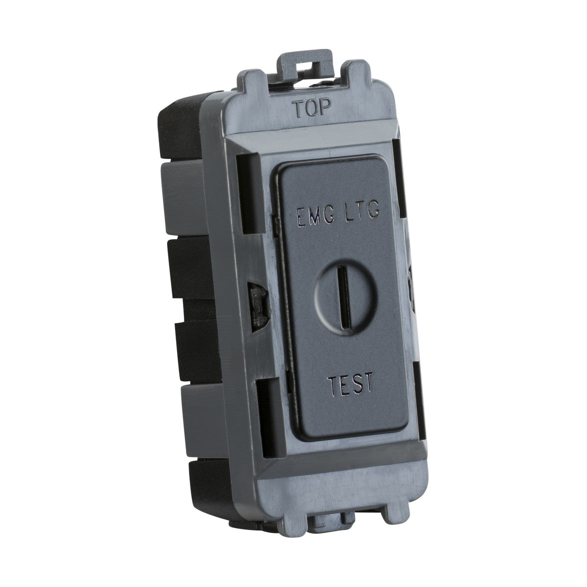 The 20AX DP Key Module in Matt Black, marked "EMG LTG TEST," is a part of the Knightsbridge Grid System. It is designed for wall installation and features a rectangular button, with top-side indicators and a small central slot.