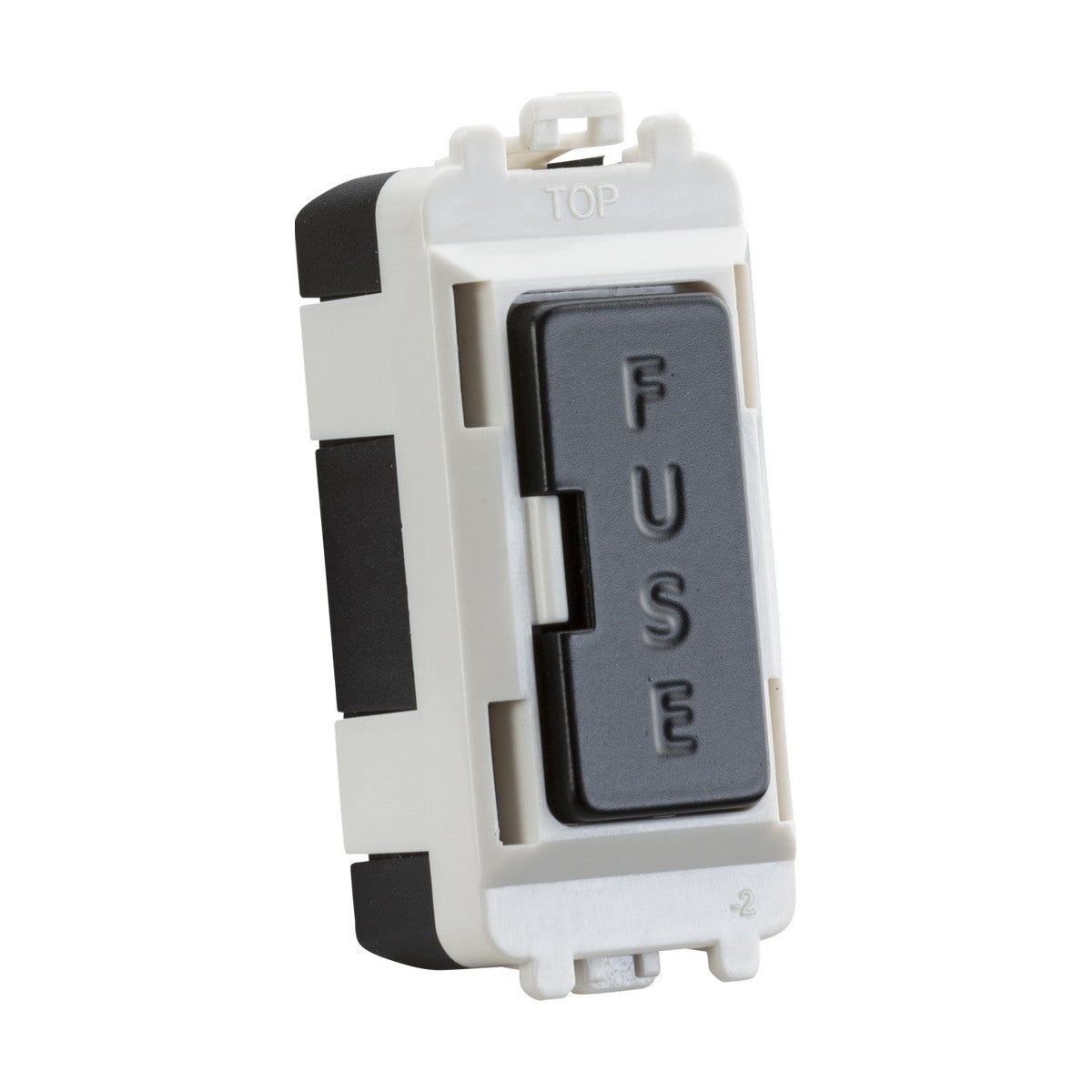 A close-up of a 13A Fused Module in Matt Black, part of the Knightsbridge Grid system. The module features the word FUSE embossed on its surface and includes a replaceable 13A fuse. Positioned upright, the word TOP is visible above to indicate orientation, ensuring optimal appliance protection.
