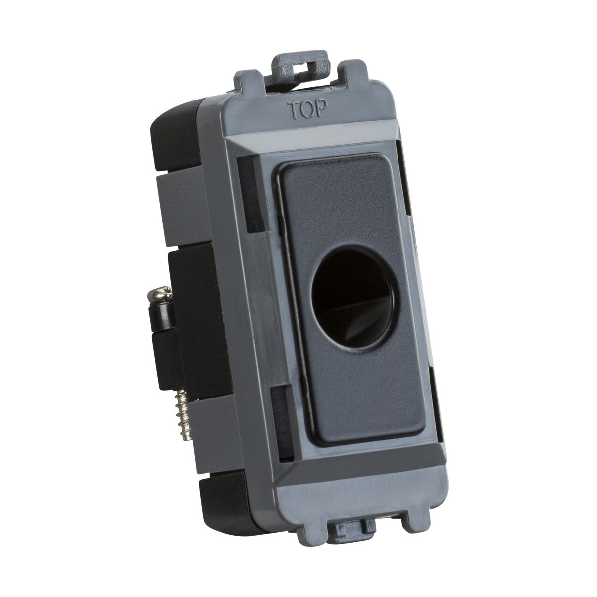 A rectangular, matt black electrical rocker switch featuring a central circular indentation and labeled "TOP" at the top, designed with durable ABS construction and metal connectors on the side. This is known as the Flex Outlet Module (Up To 10mm) - Matt Black.