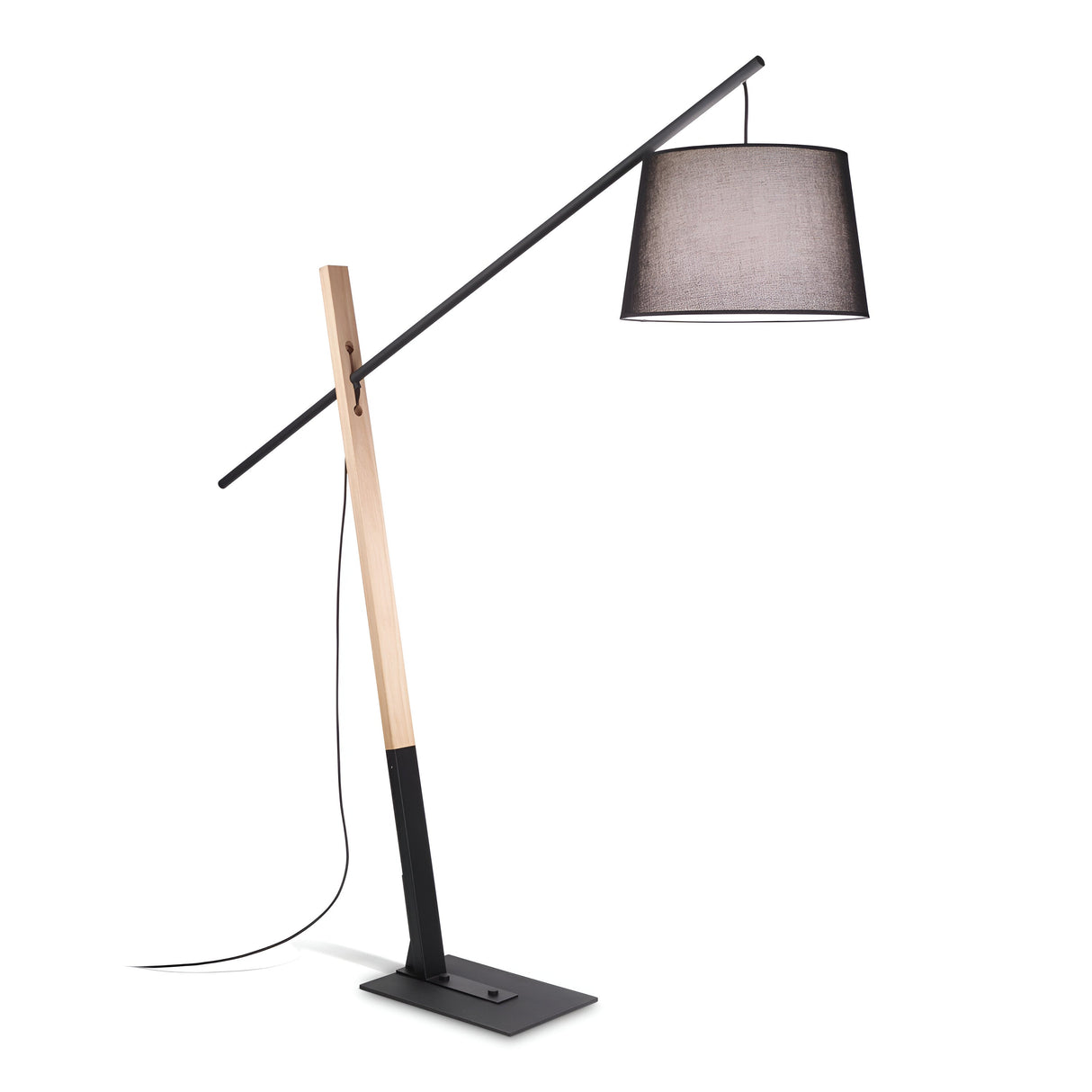 Introducing the Solixia Wood Floor Lamp - Black, which showcases a minimalist design with a natural wood and black metal frame. It features an angled pole that supports a sleek black fabric shade, while the power cord is discreetly integrated down the stand.