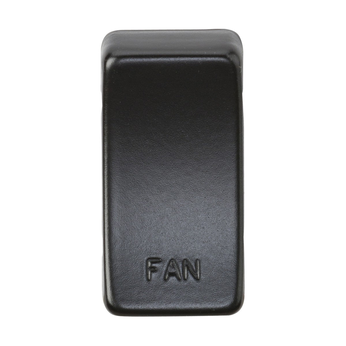 Here's a revised version of the sentence using the provided product data:
A close-up view of the Switch Cover "Marked FAN" in matt black shows its rectangular design. Made with durable ABS construction, this rocker smoothly covers the off position.