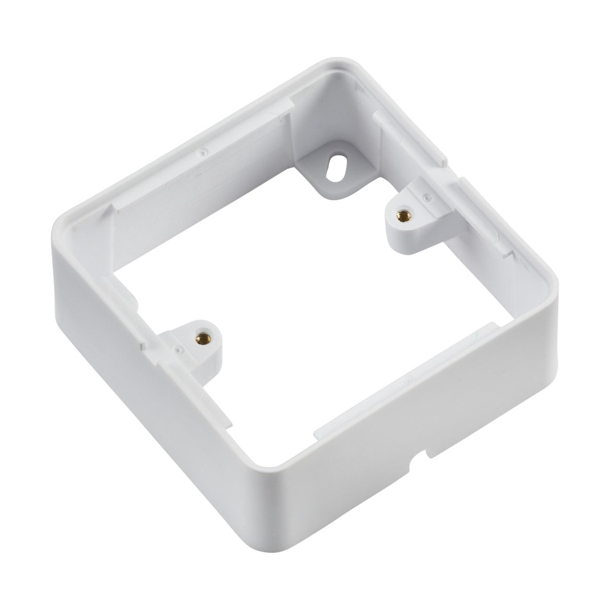 The white 1 Gang Surface Box is a square electrical wall mounting box with rounded corners and pre-drilled screw holes. As part of the Knightsbridge Ranges, it complements 1G Screwless designs, making it ideal for housing switches or outlets while providing a sleek, flat plate aesthetic.