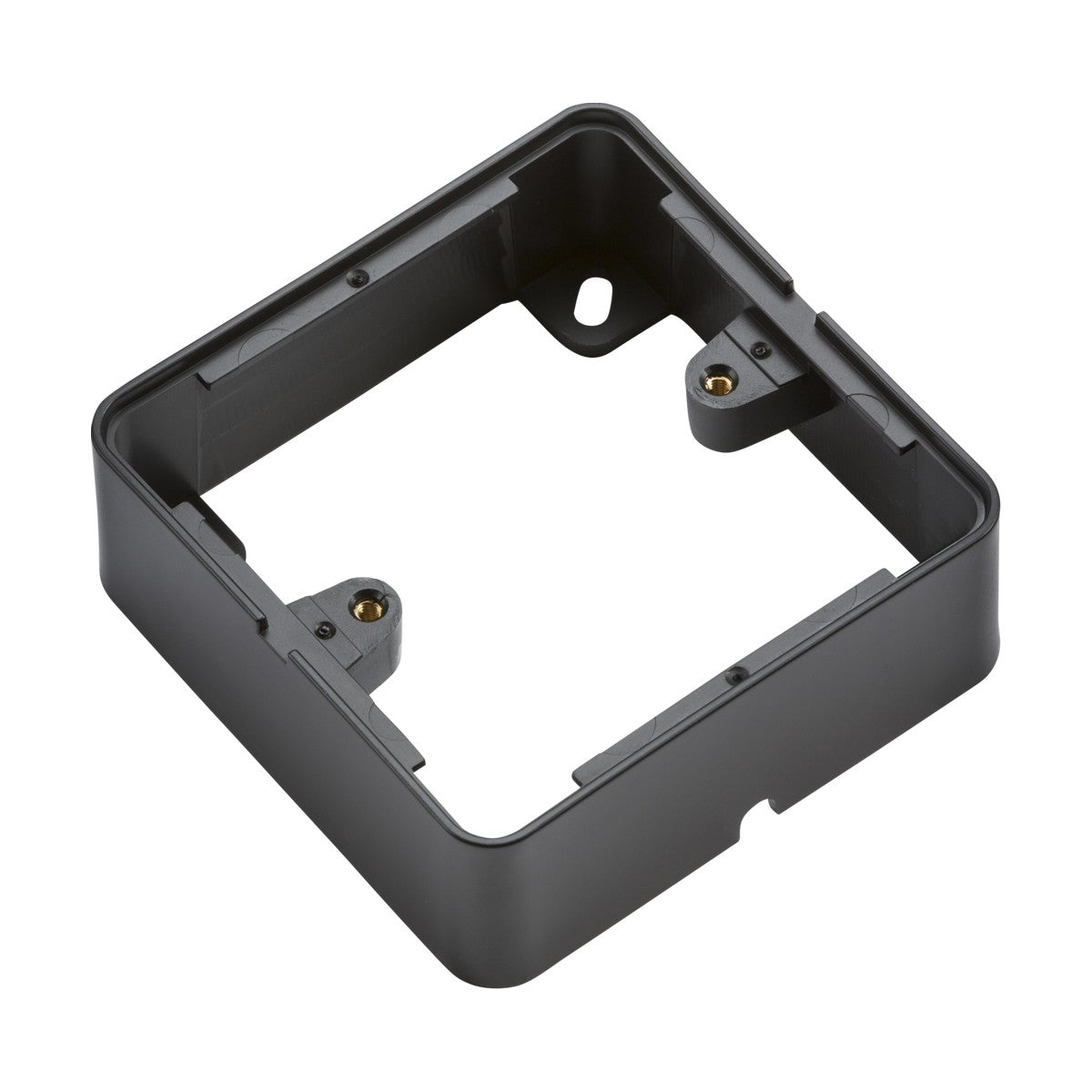 The 1 Gang Surface Box - Black is a sleek, black rectangular plastic wall mounting box that includes two screw holes and angled edges, making it ideal for housing electronic components or switches. Taking inspiration from the modern elegance of Screwless versions in the Knightsbridge Ranges, it offers both functionality and style.