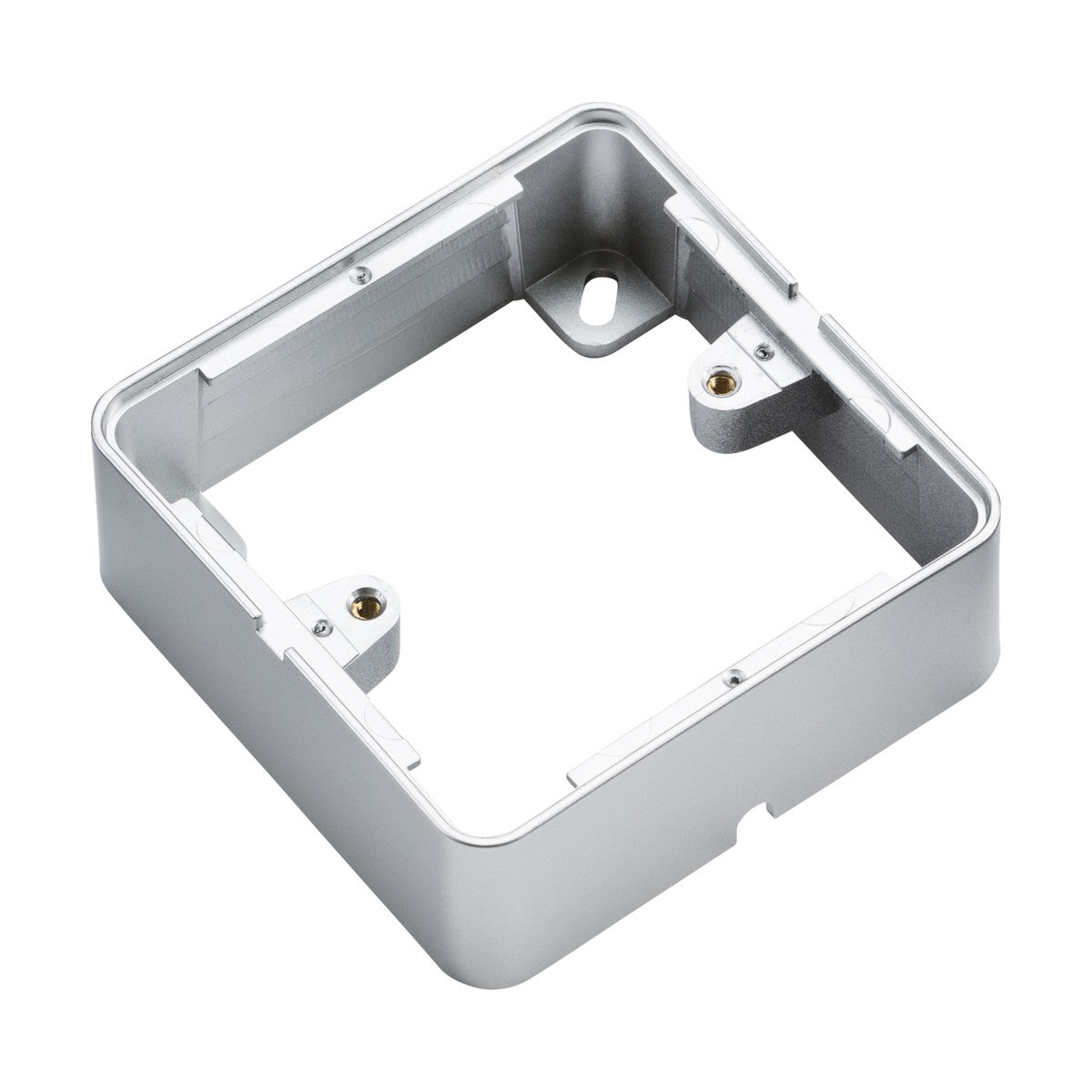 The 1 Gang Surface Box - Grey, part of the Knightsbridge Ranges, features a square design with rounded edges and includes screw holes in each corner, along with a cut-out section on one side.